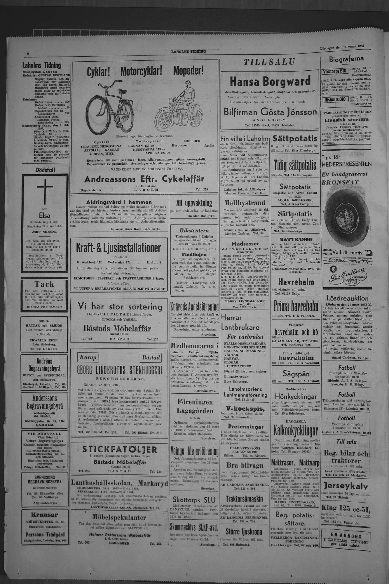 Laholms Tidning Lördag 14 mars 1953, sida 2