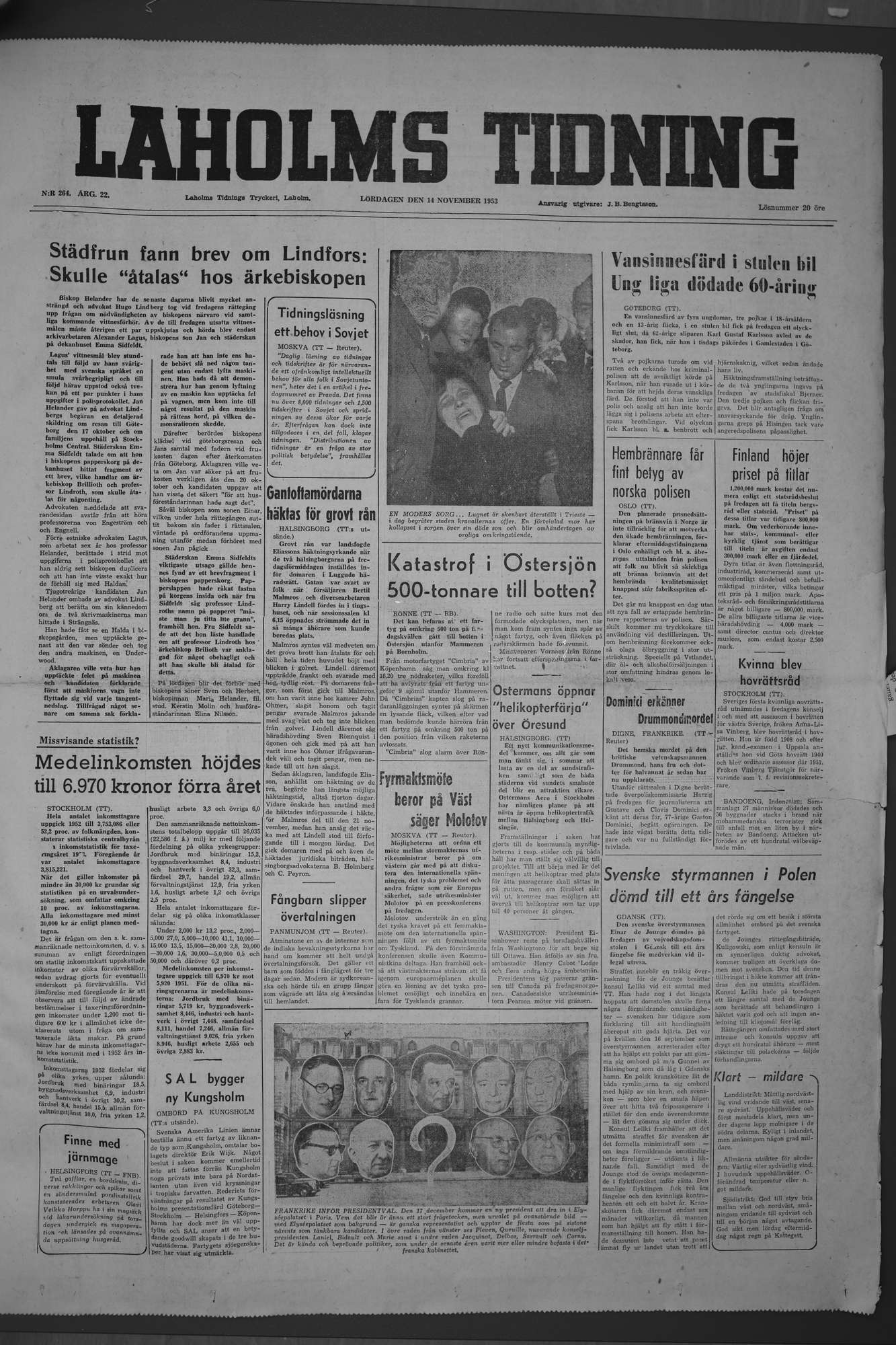 Laholms Tidning Lördag 14 november 1953, sida 1