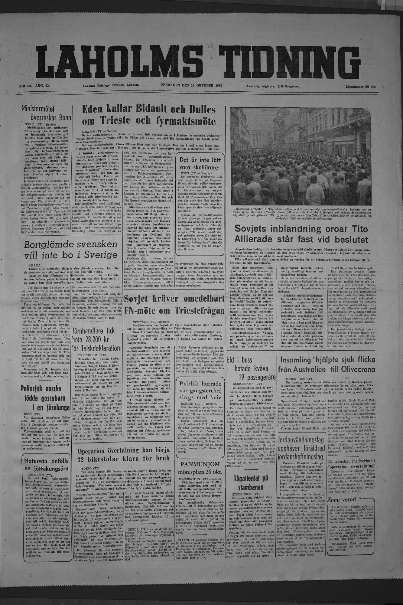 Laholms Tidning Onsdag 14 oktober 1953, sida 1