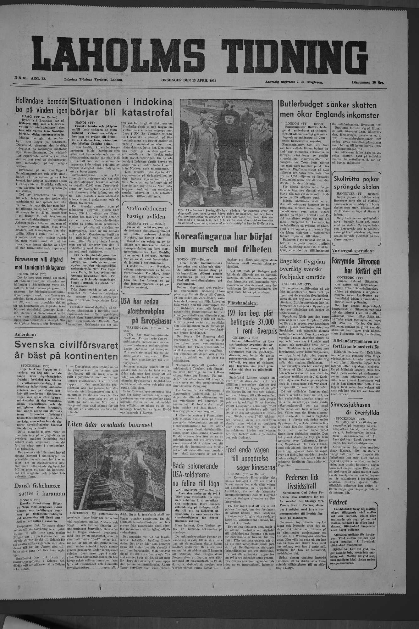 Laholms Tidning Onsdag 15 april 1953, sida 1