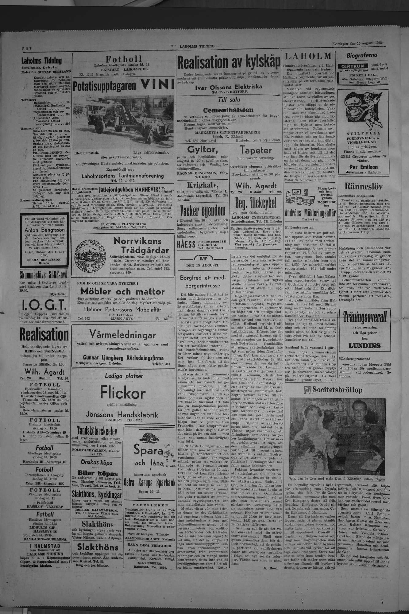 Laholms Tidning Lördag 15 augusti 1953, sida 2