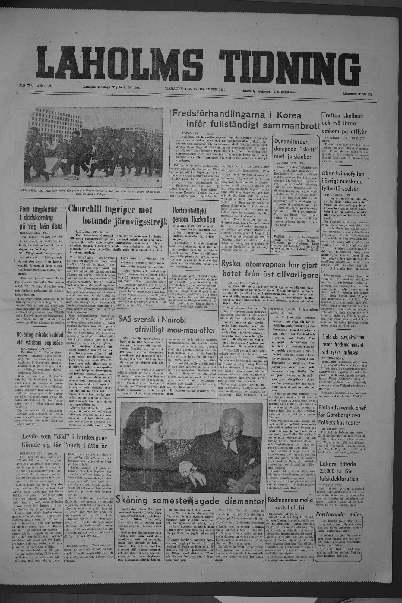Laholms Tidning Tisdag 15 december 1953, sida 1