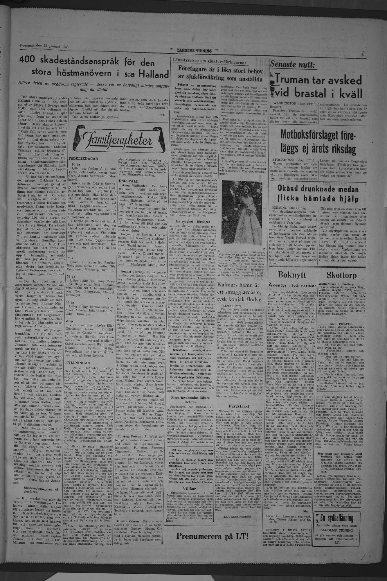 Laholms Tidning Torsdag 15 januari 1953, sida 3