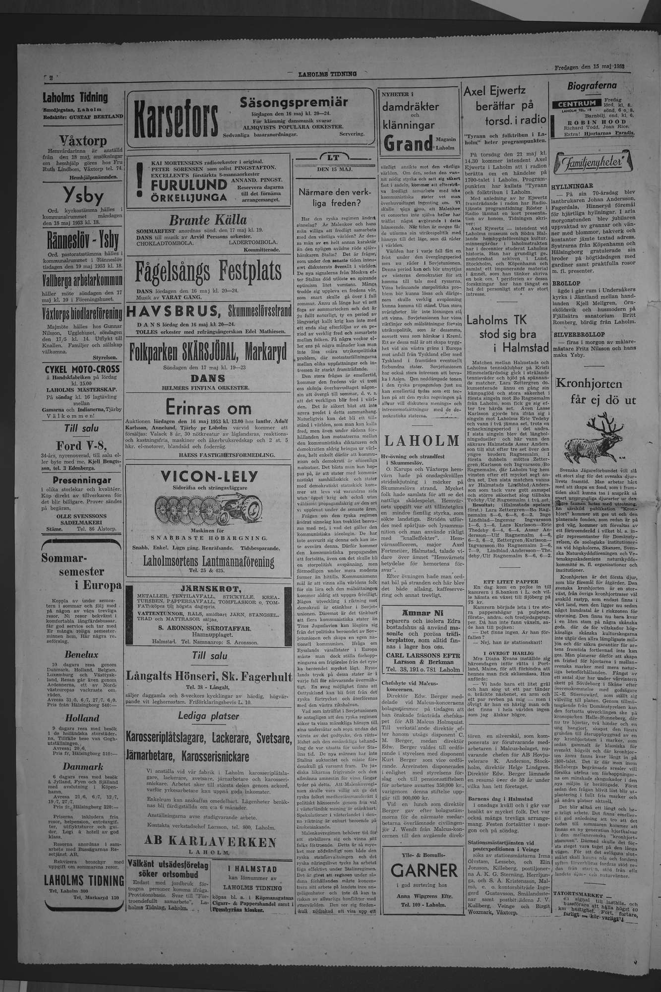 Laholms Tidning Fredag 15 maj 1953, sida 2