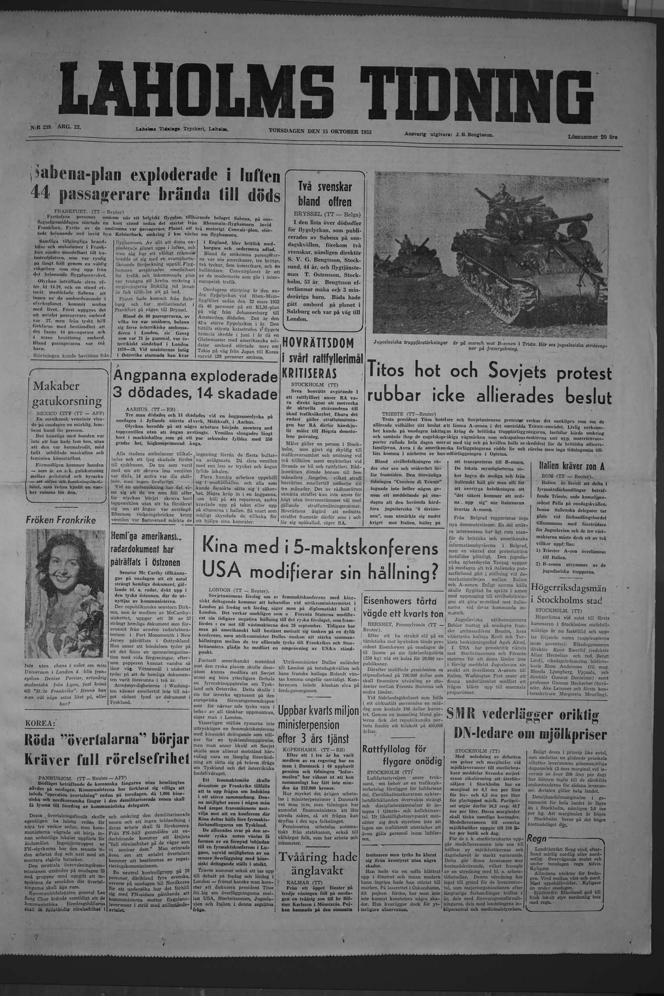 Laholms Tidning Torsdag 15 oktober 1953, sida 1