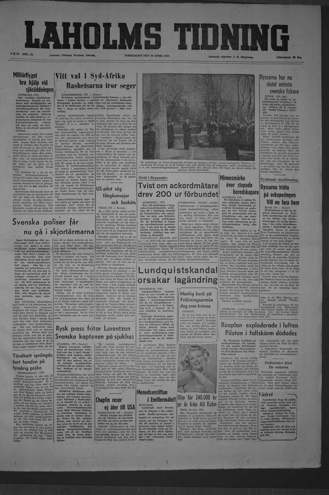 Laholms Tidning Torsdag 16 april 1953, sida 1