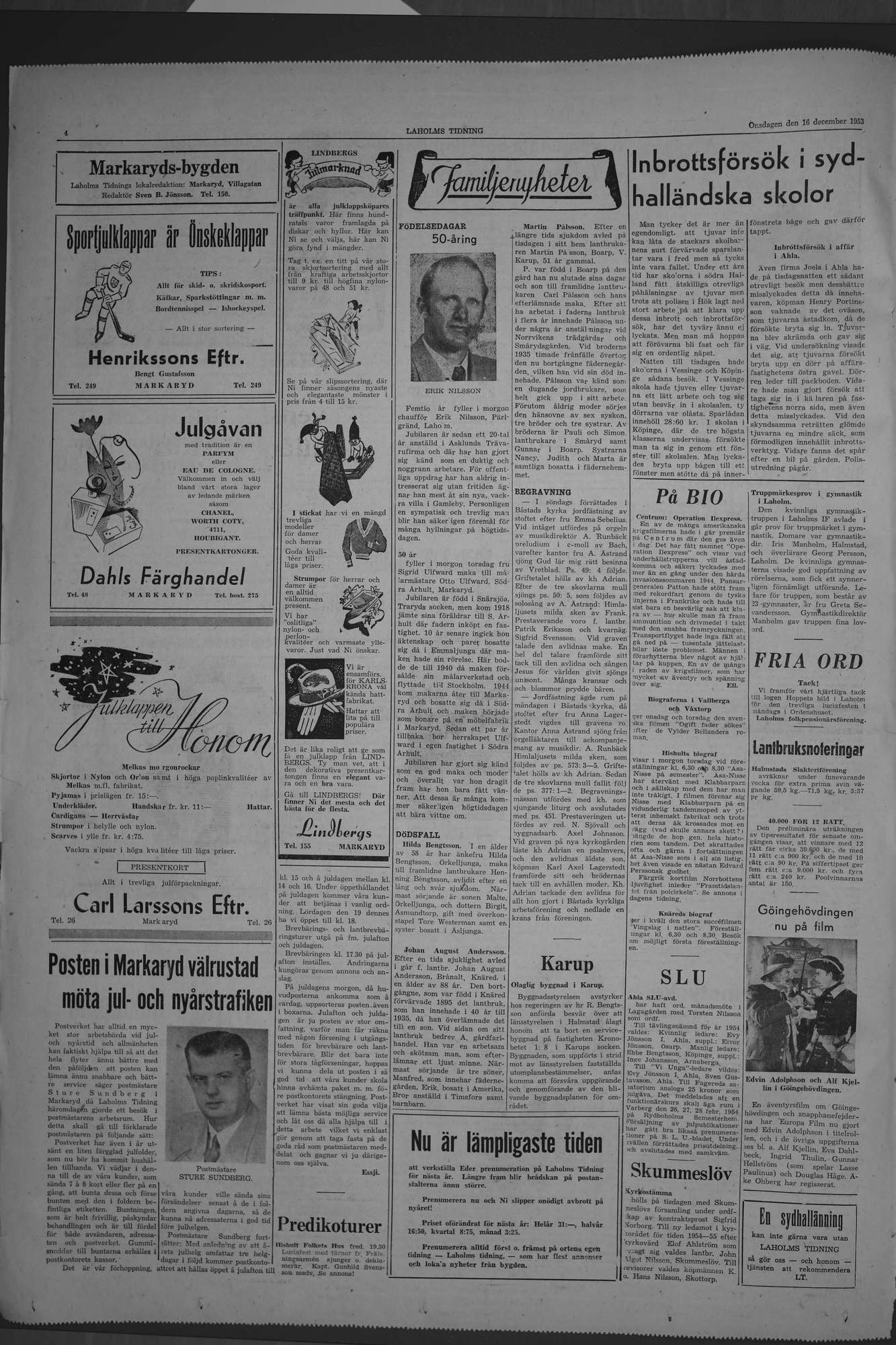 Laholms Tidning Onsdag 16 december 1953, sida 4