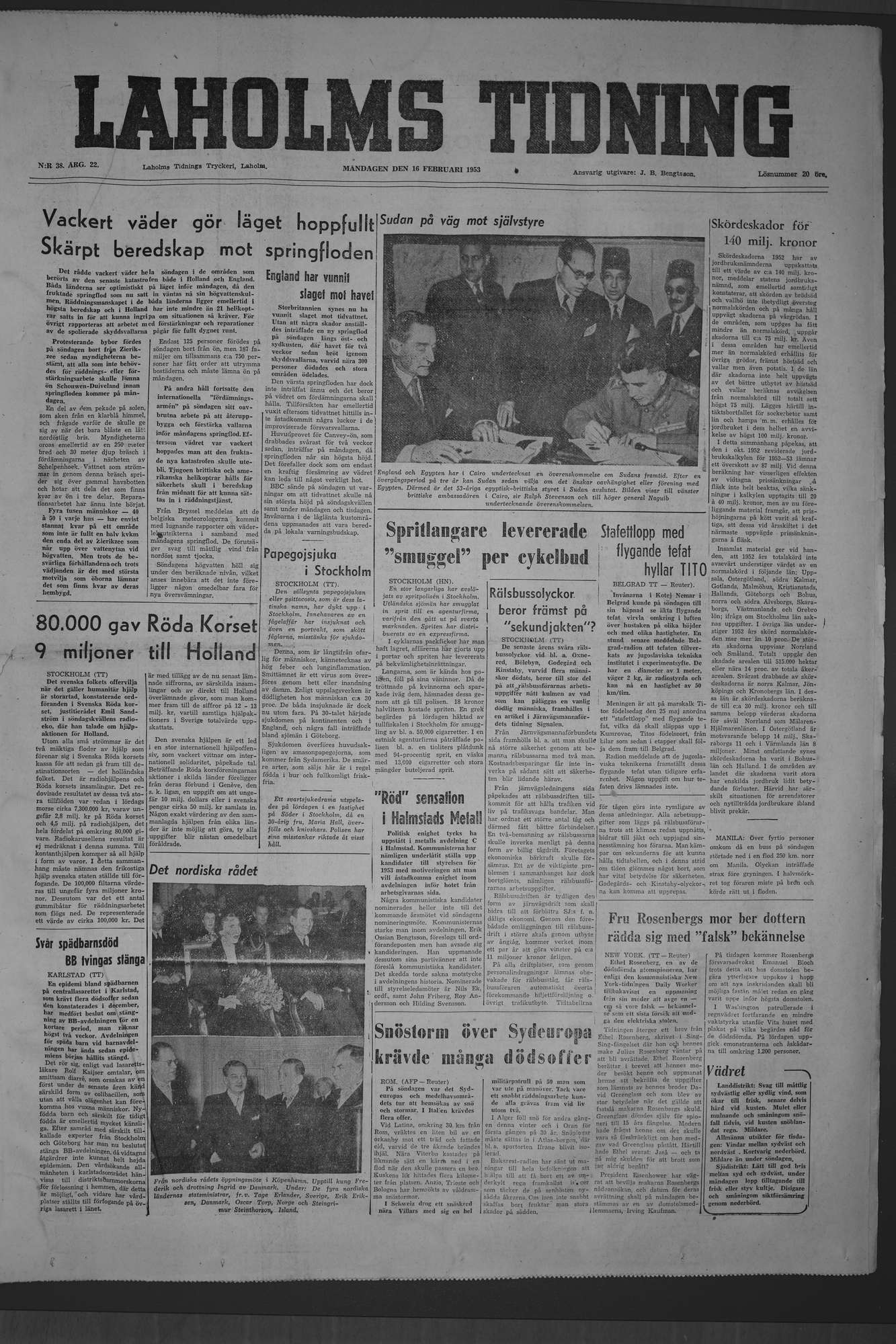 Laholms Tidning Måndag 16 februari 1953, sida 1