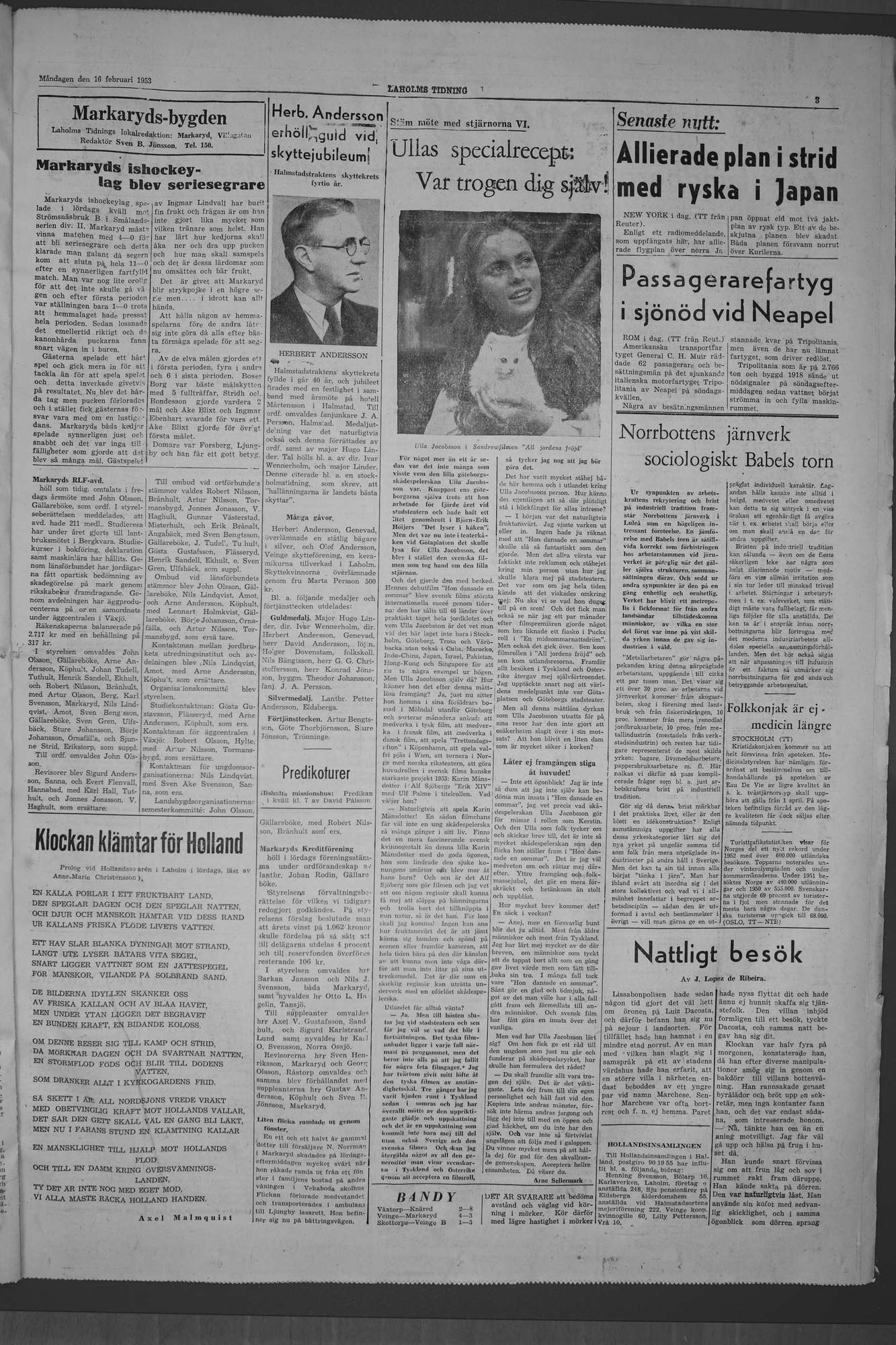 Laholms Tidning Måndag 16 februari 1953, sida 3