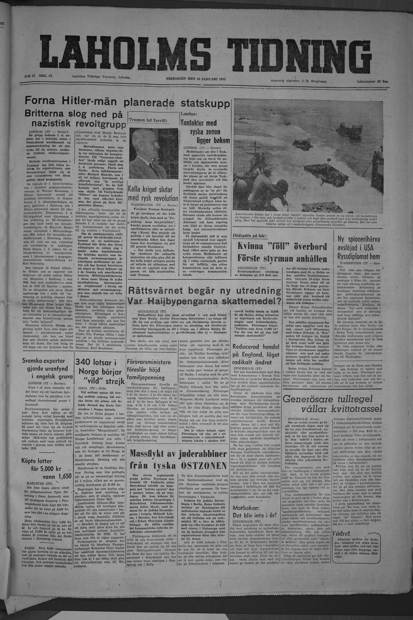 Laholms Tidning Fredag 16 januari 1953, sida 1