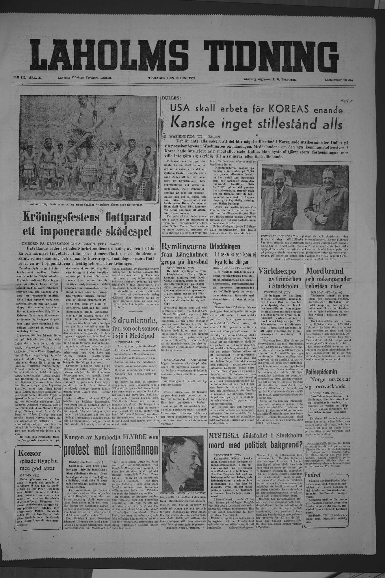 Laholms Tidning Tisdag 16 juni 1953, sida 1