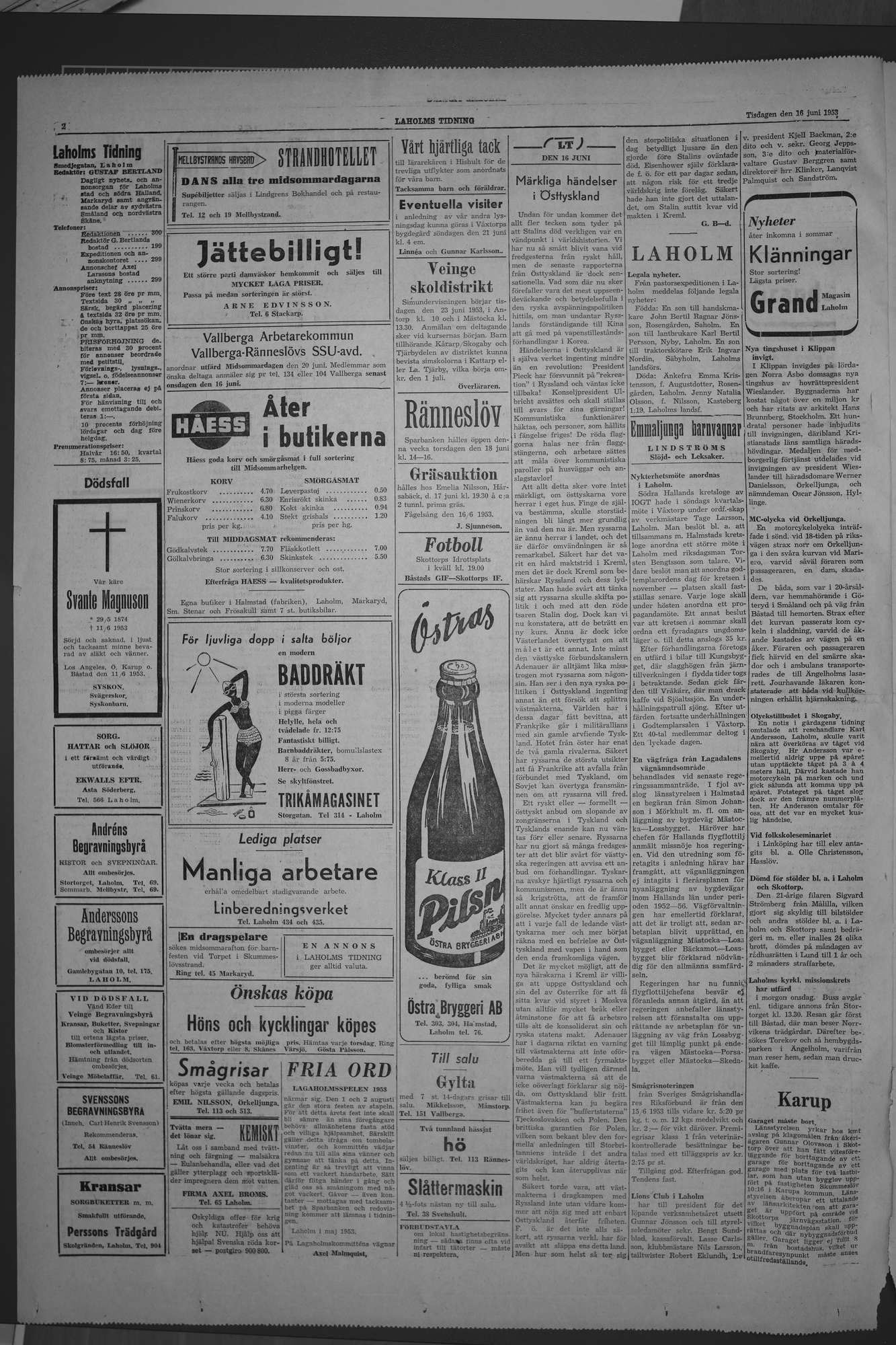 Laholms Tidning Tisdag 16 juni 1953, sida 2