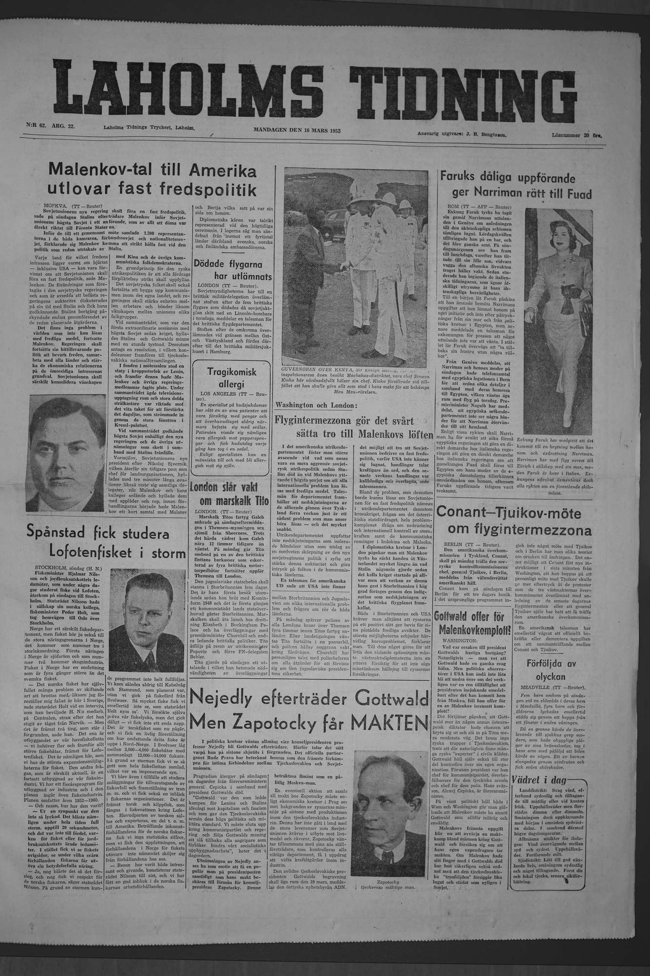 Laholms Tidning Måndag 16 mars 1953, sida 1