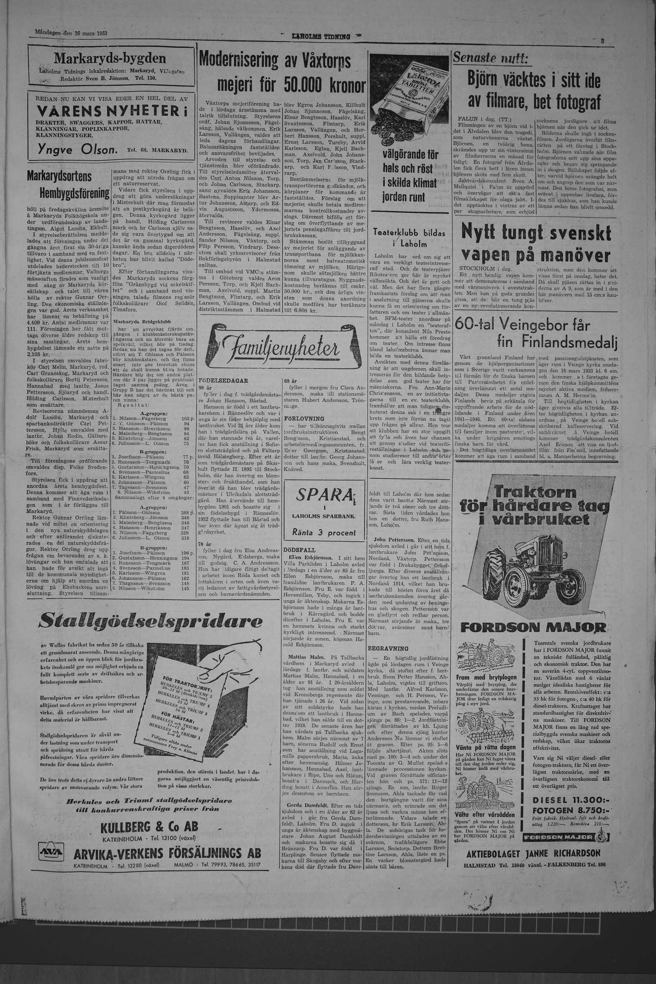 Laholms Tidning Måndag 16 mars 1953, sida 3
