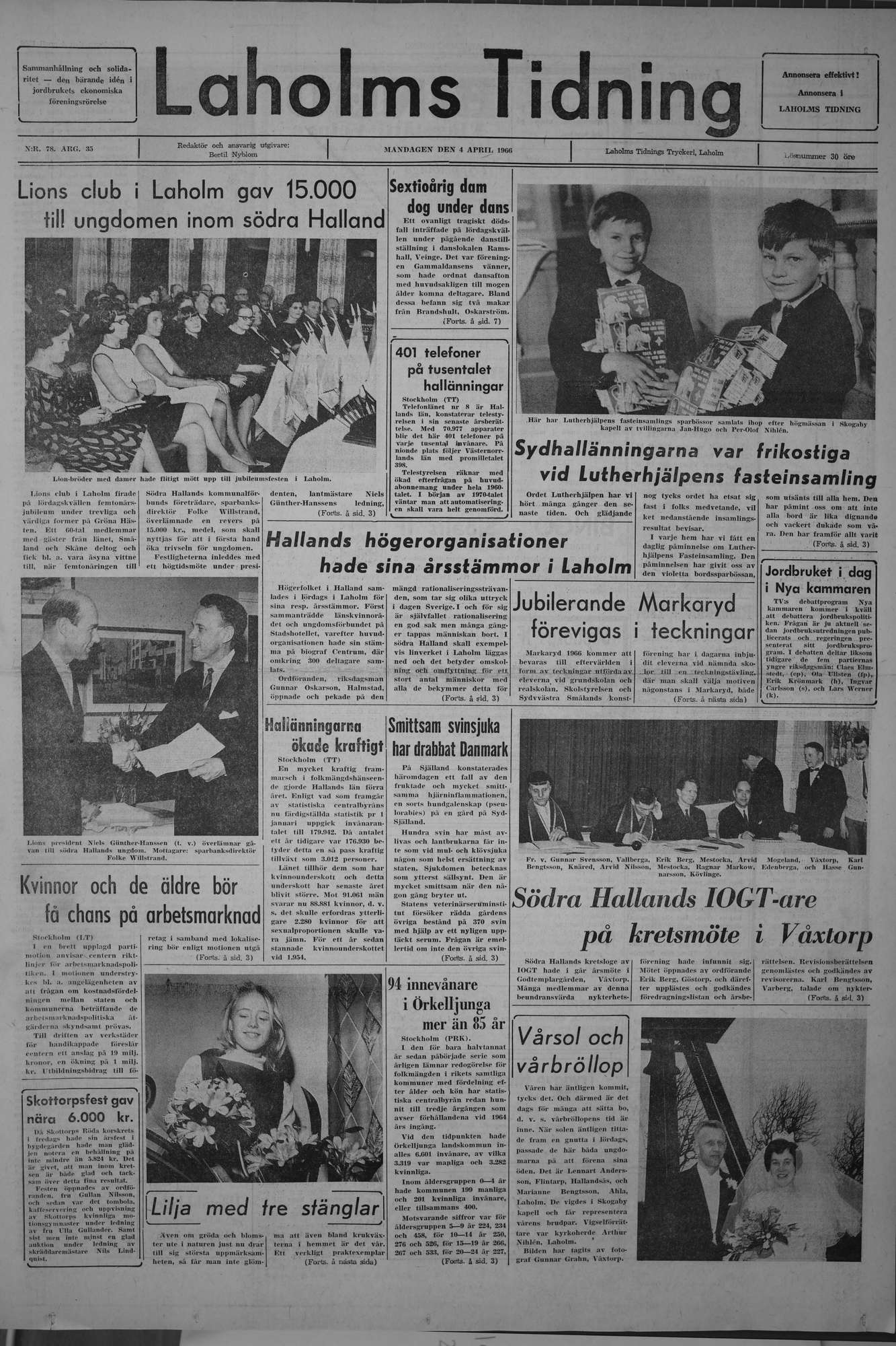 Laholms Tidning Måndag 4 april 1966, sida 1