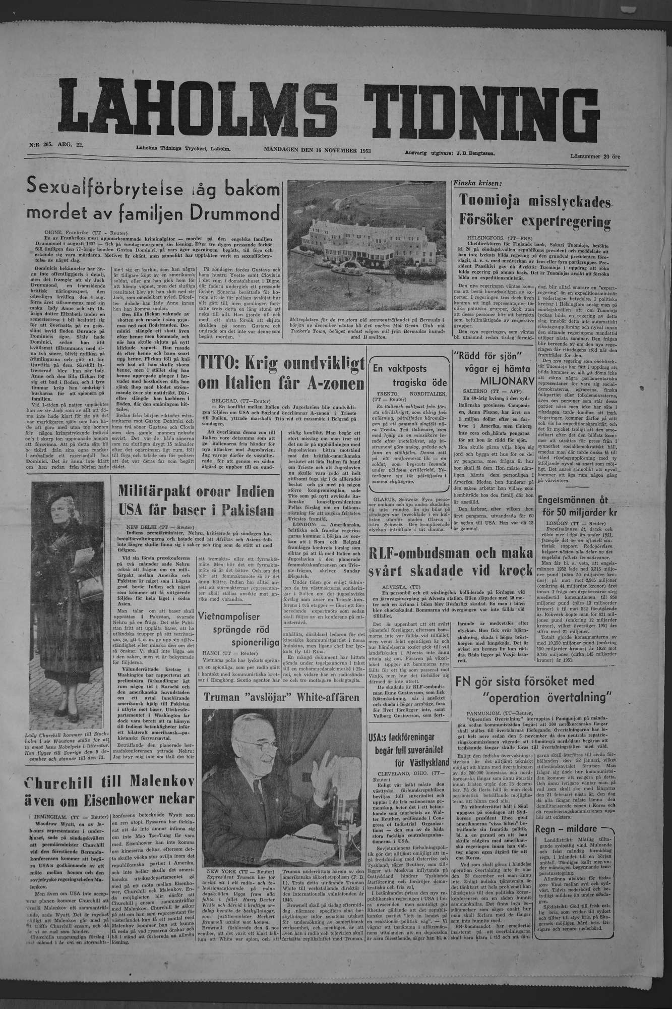 Laholms Tidning Måndag 16 november 1953, sida 1
