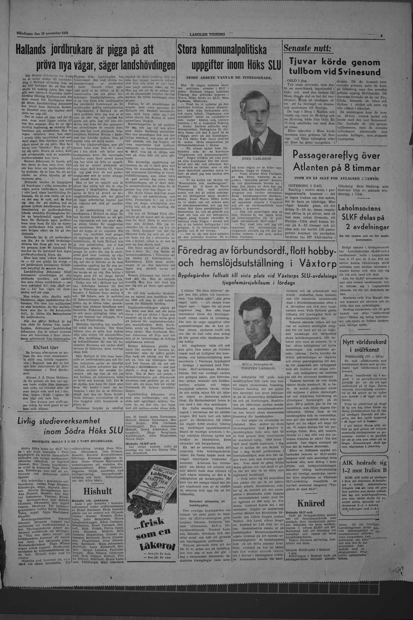 Laholms Tidning Måndag 16 november 1953, sida 3