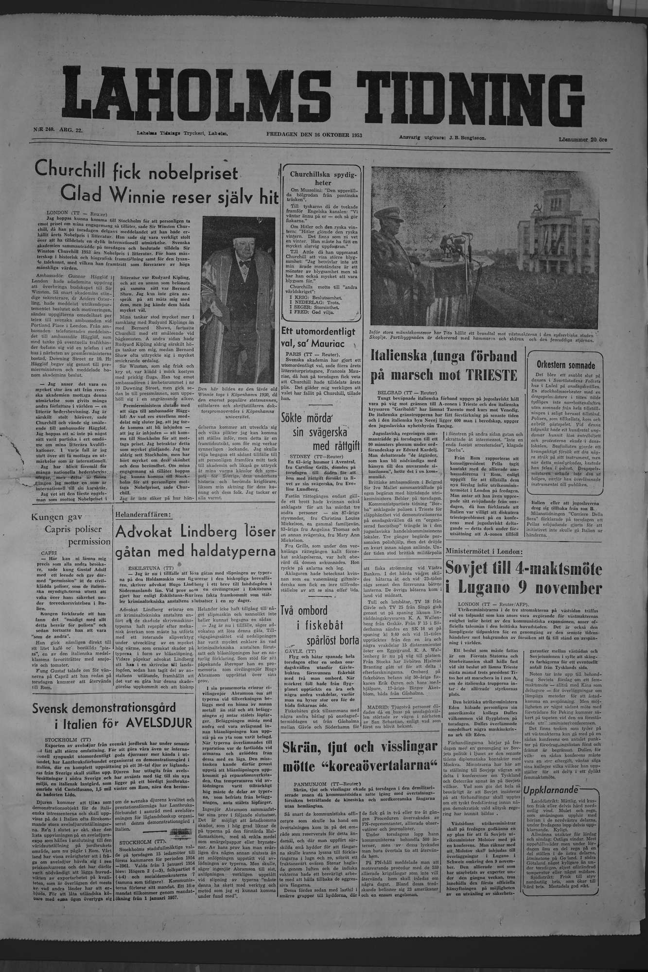 Laholms Tidning Fredag 16 oktober 1953, sida 1