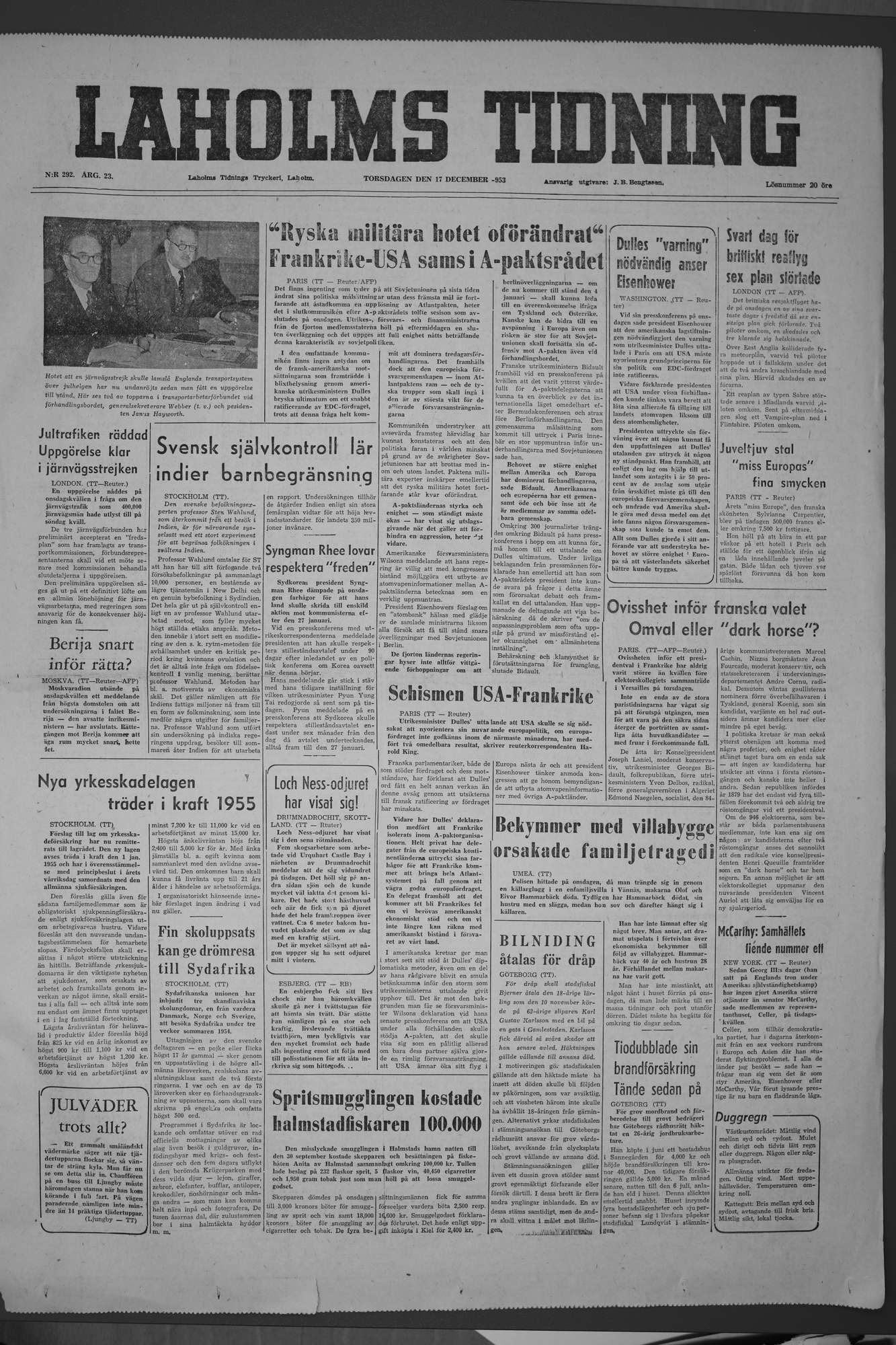 Laholms Tidning Torsdag 17 december 1953, sida 1