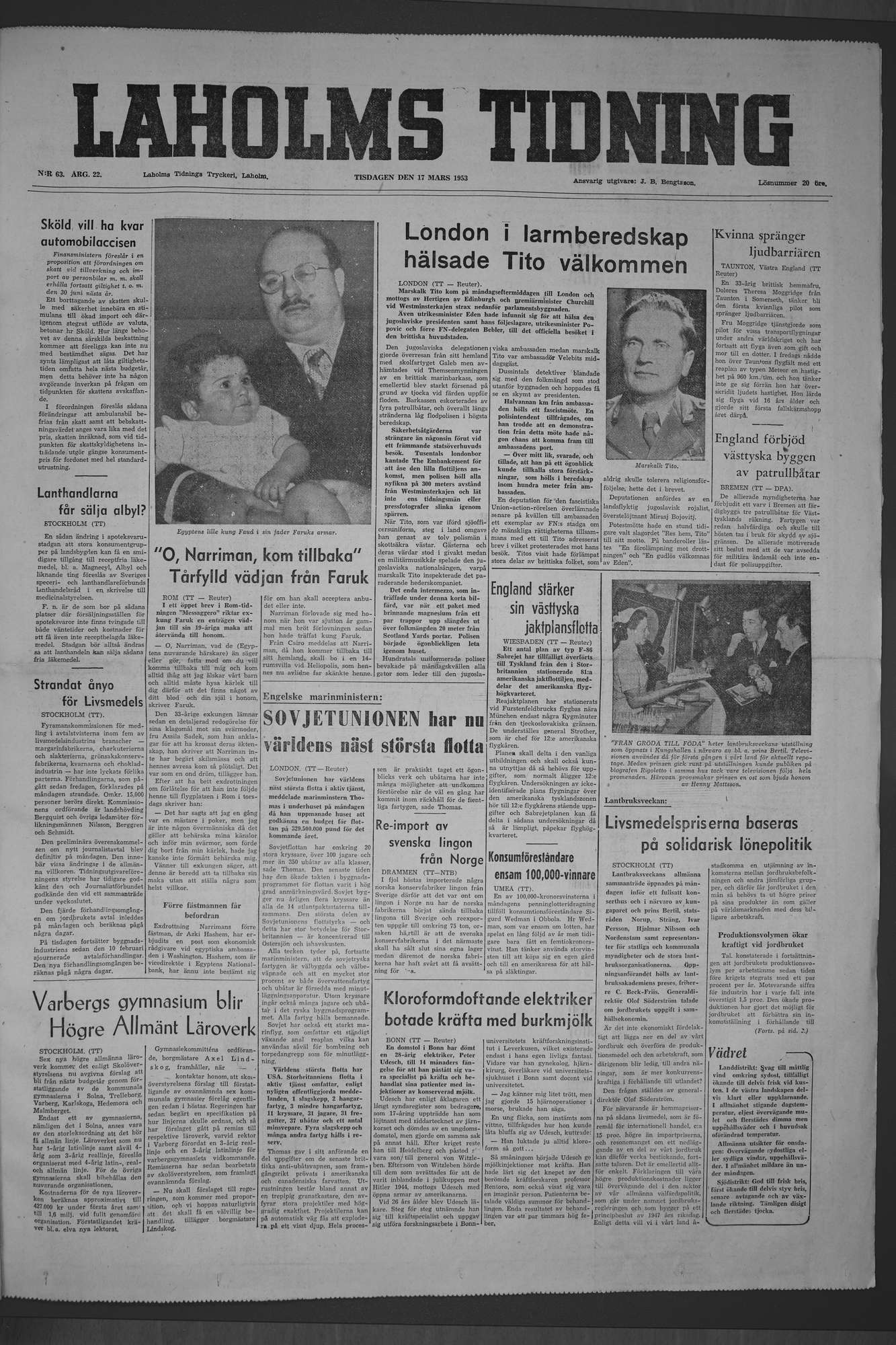 Laholms Tidning Tisdag 17 mars 1953, sida 1