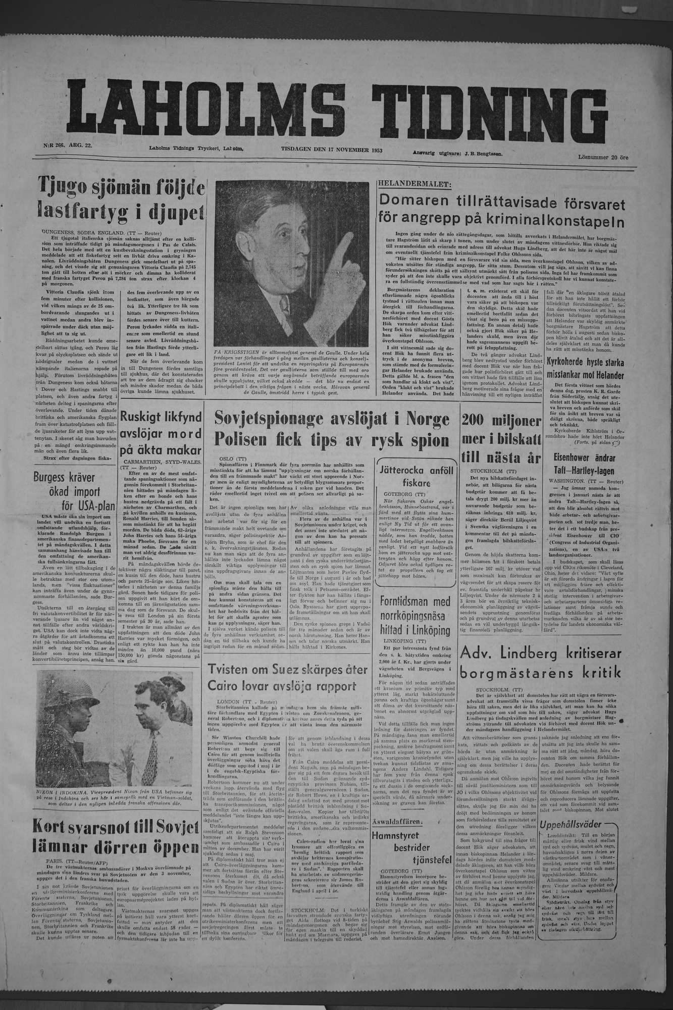 Laholms Tidning Tisdag 17 november 1953, sida 1