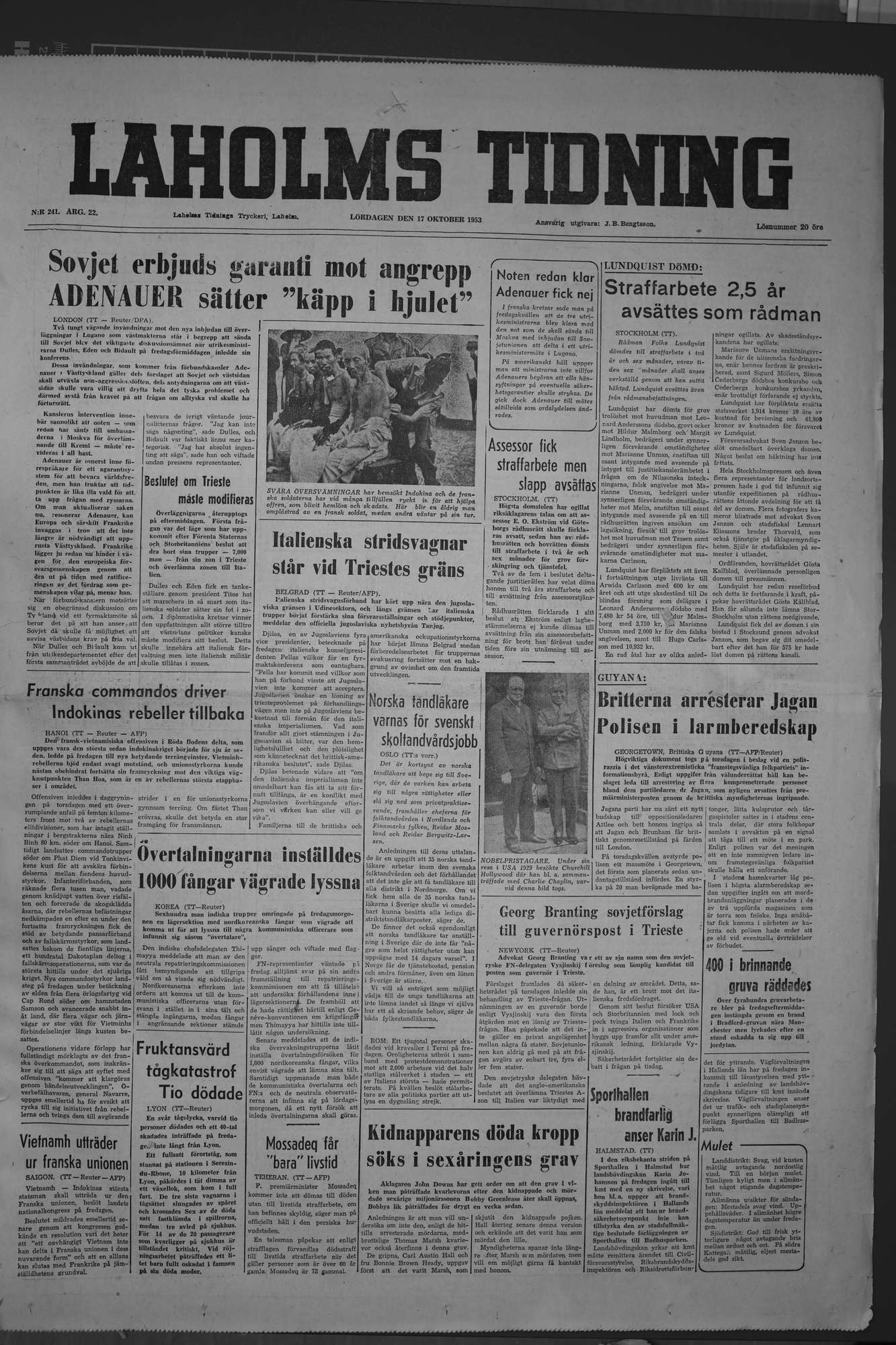 Laholms Tidning Lördag 17 oktober 1953, sida 1