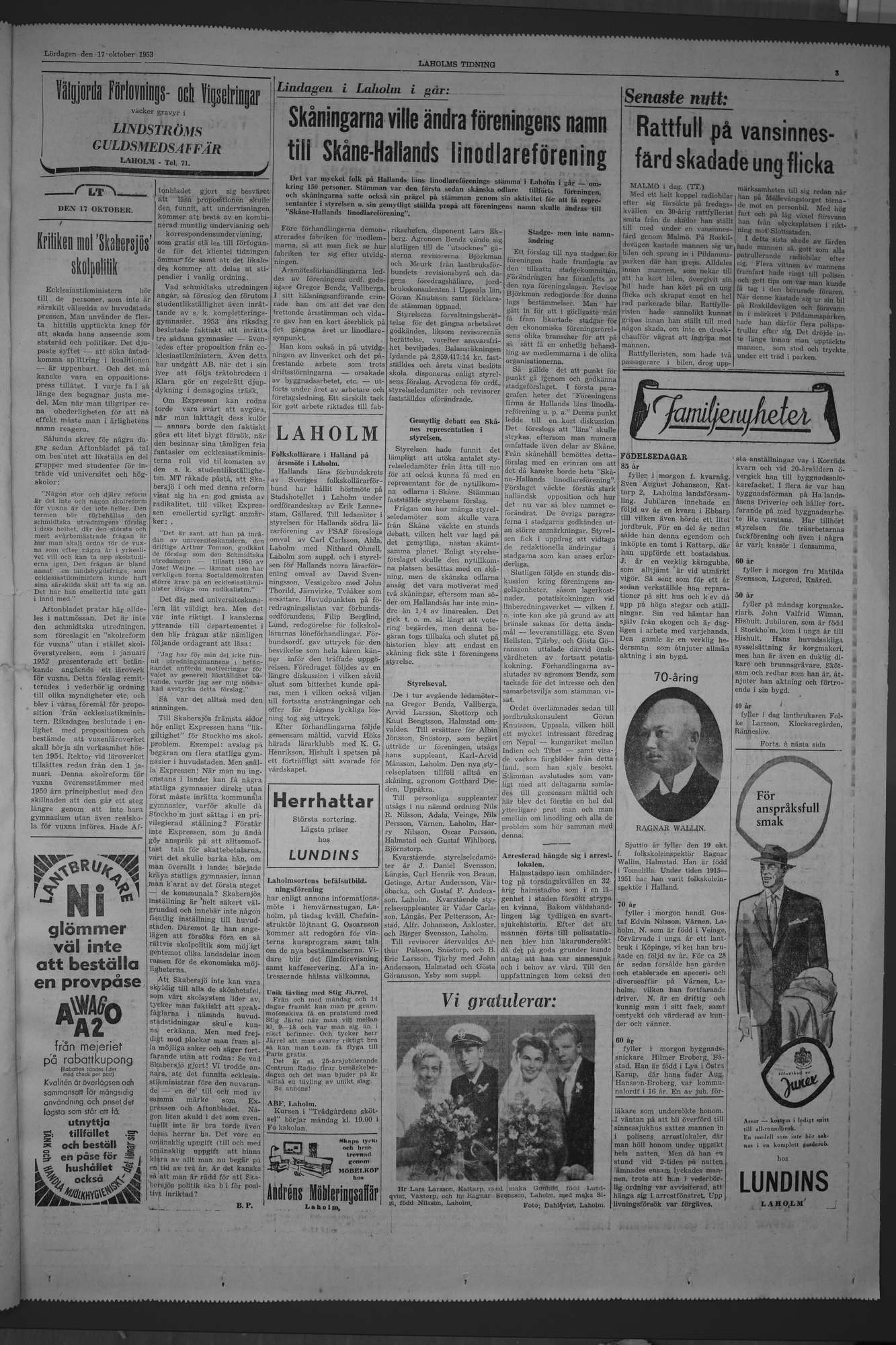 Laholms Tidning Lördag 17 oktober 1953, sida 3