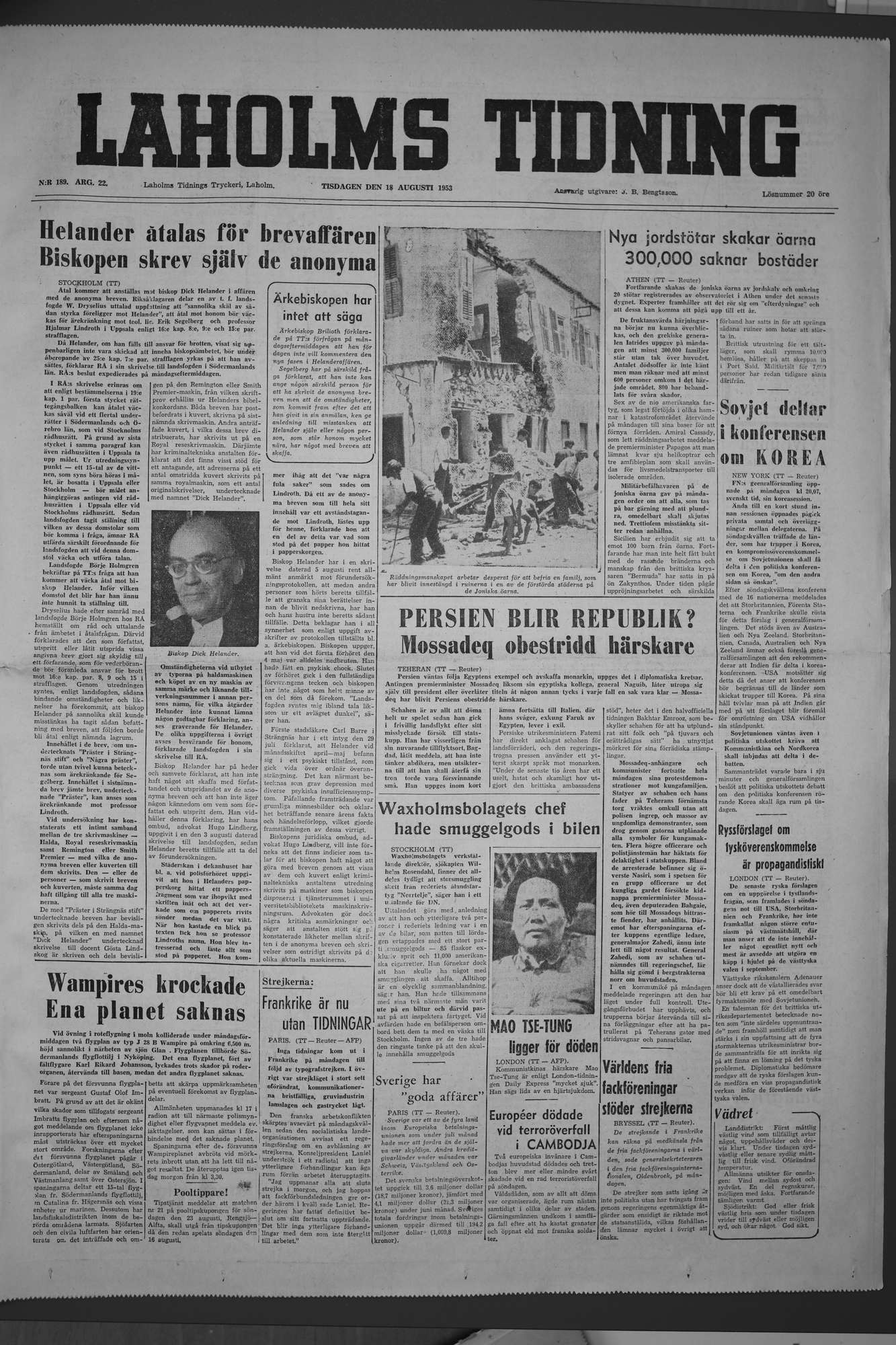 Laholms Tidning Tisdag 18 augusti 1953, sida 1