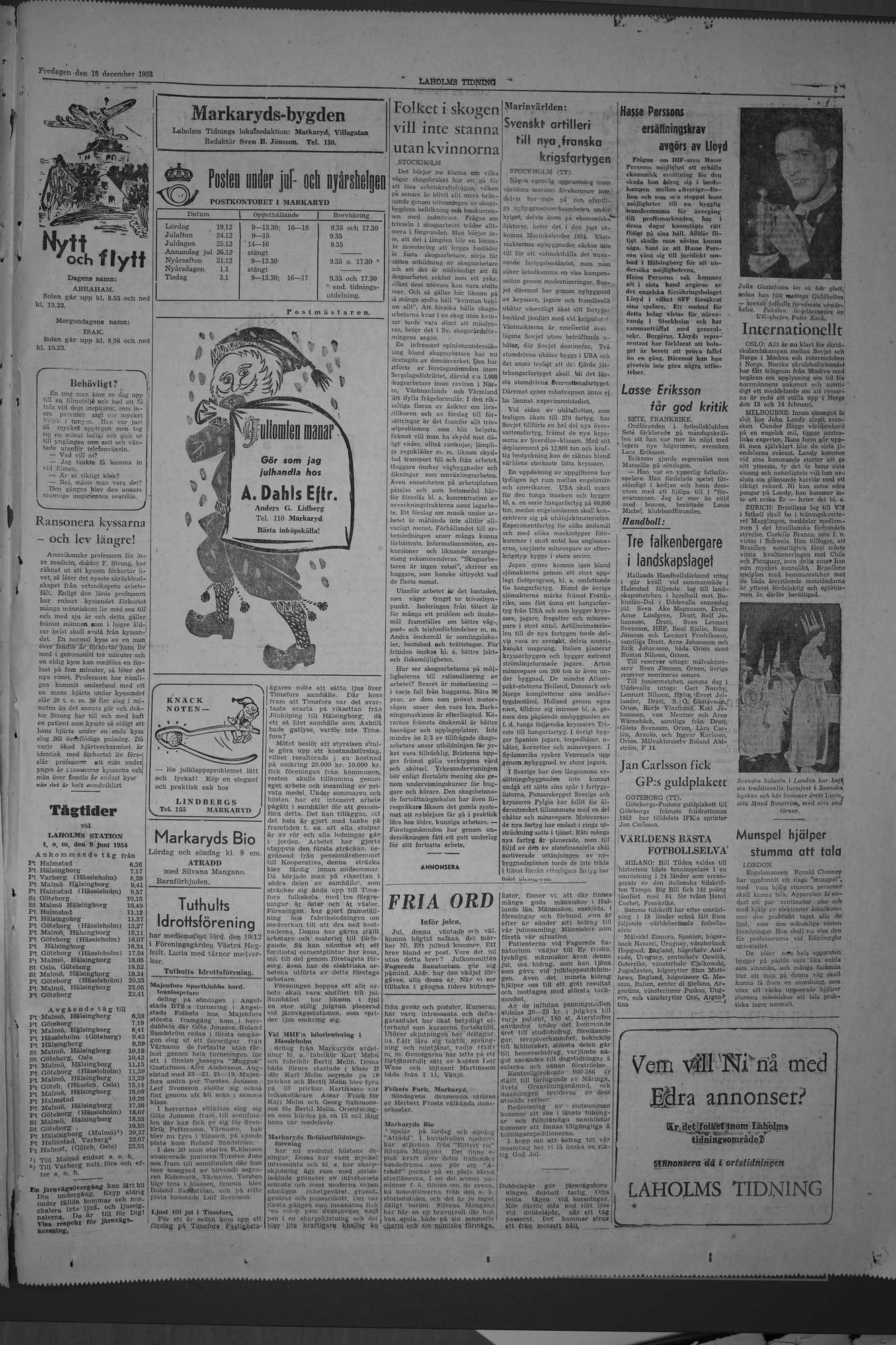 Laholms Tidning Fredag 18 december 1953, sida 7