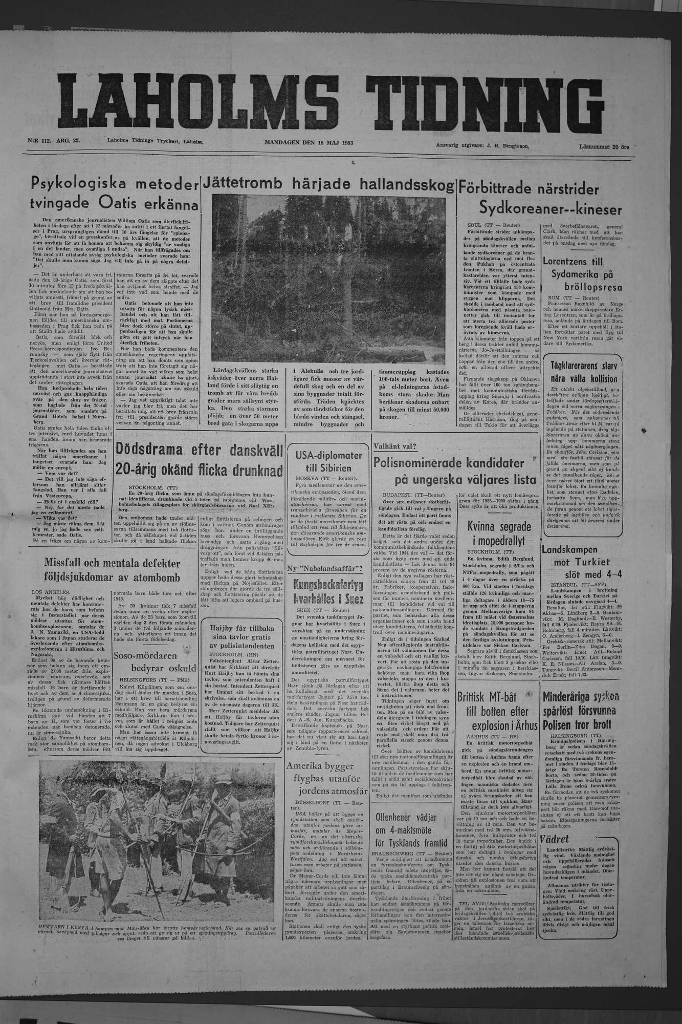 Laholms Tidning Måndag 18 maj 1953, sida 1