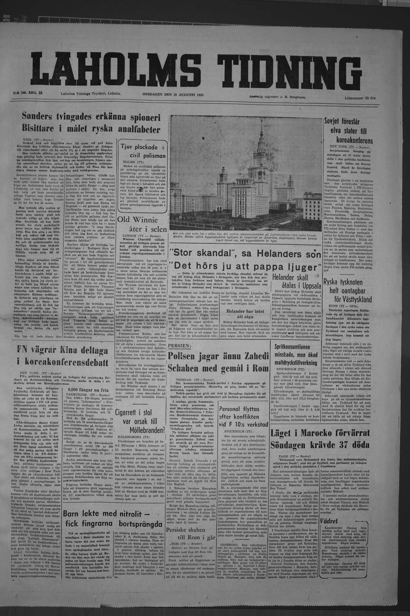 Laholms Tidning Onsdag 19 augusti 1953, sida 1