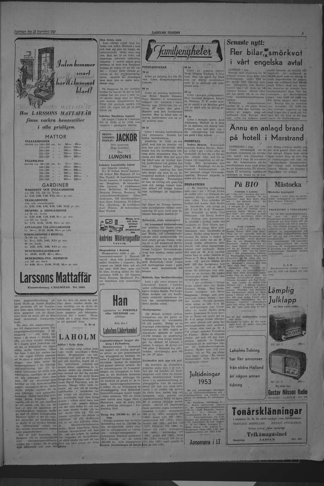 Laholms Tidning Lördag 19 december 1953, sida 3