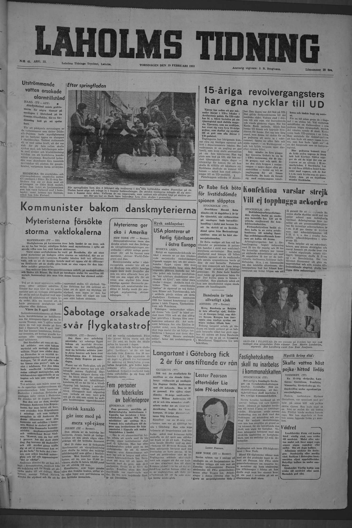 Laholms Tidning Torsdag 19 februari 1953, sida 1