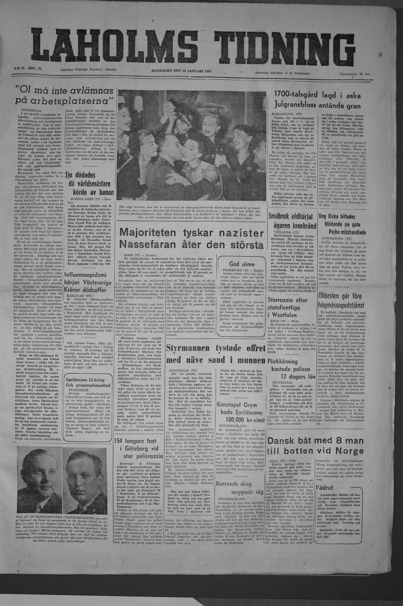 Laholms Tidning Måndag 19 januari 1953, sida 1