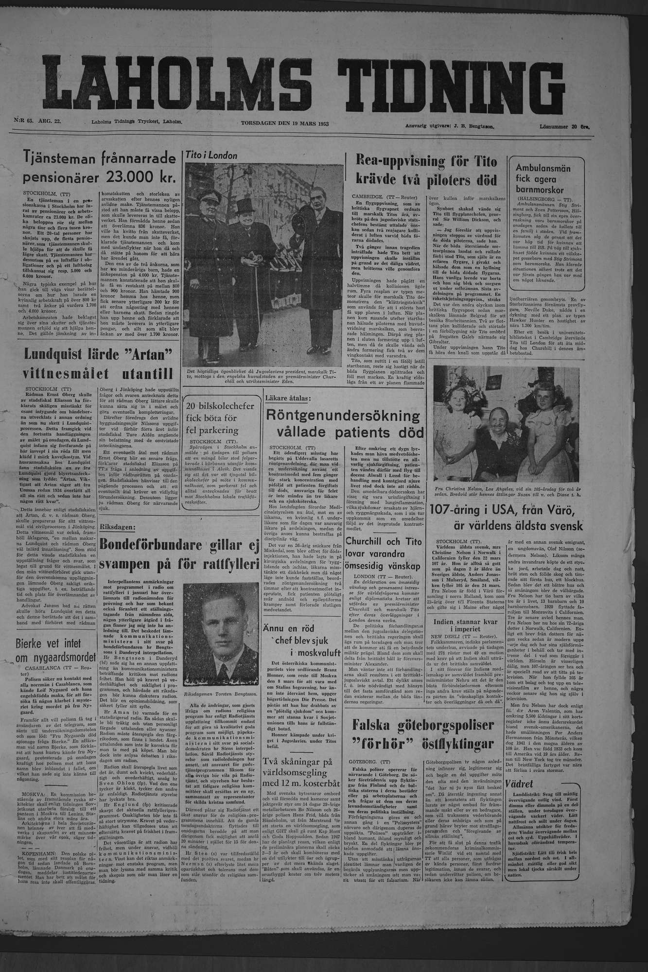 Laholms Tidning Torsdag 19 mars 1953, sida 1