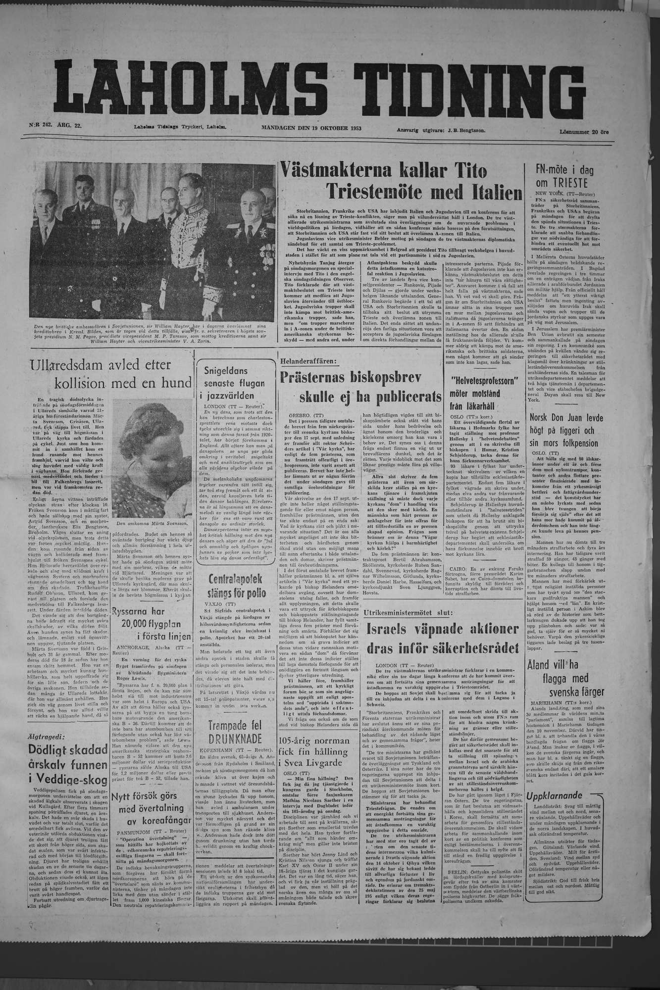 Laholms Tidning Måndag 19 oktober 1953, sida 1