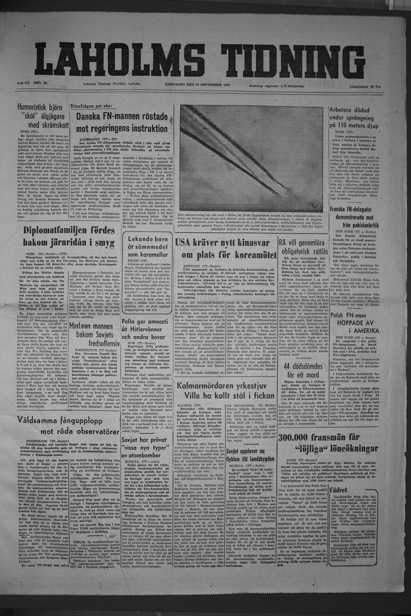 Laholms Tidning Lördag 19 september 1953, sida 1