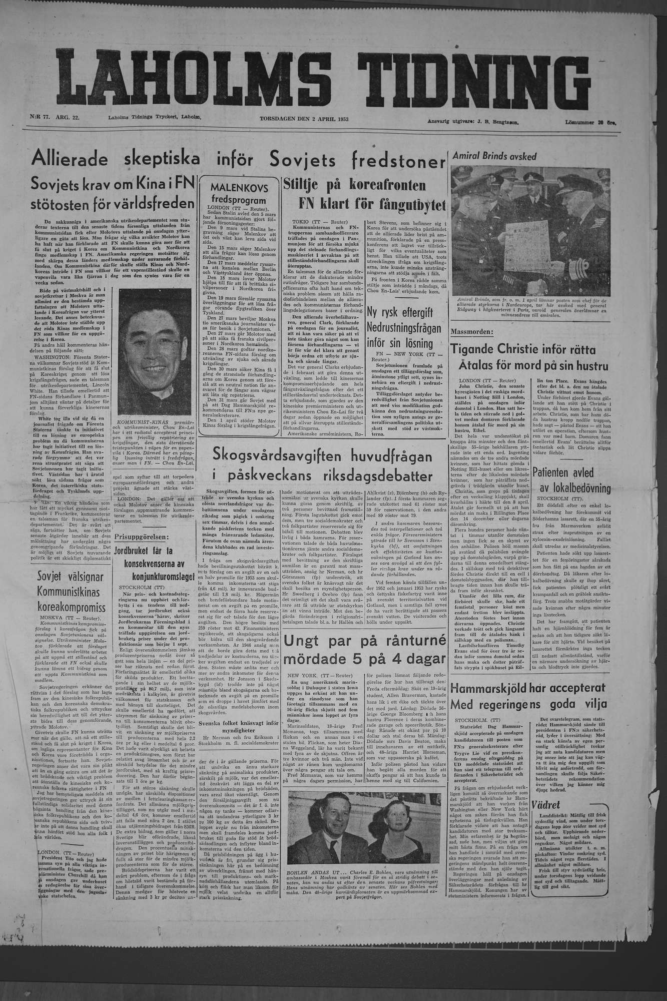 Laholms Tidning Torsdag 2 april 1953, sida 1