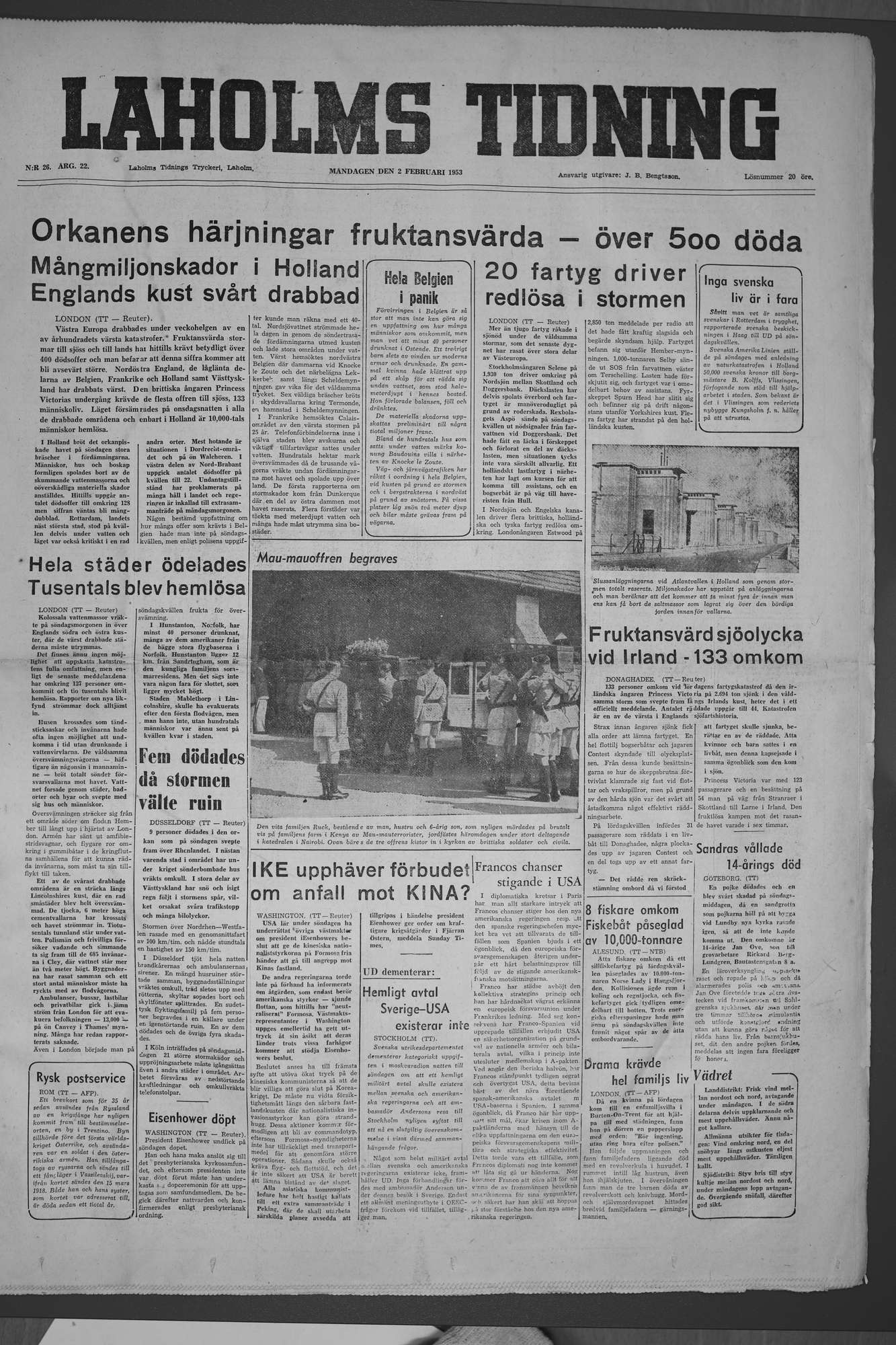 Laholms Tidning Måndag 2 februari 1953, sida 1