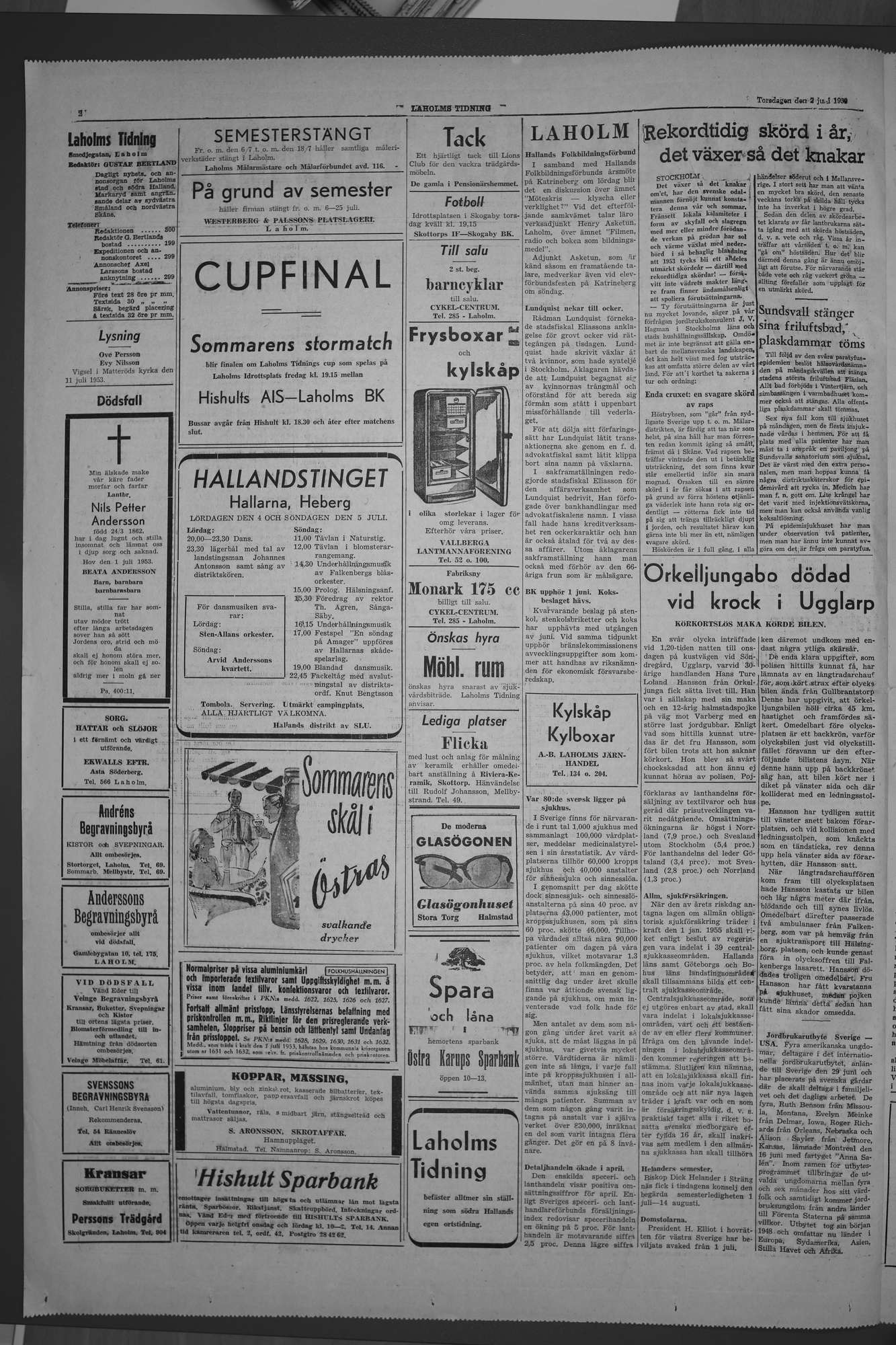 Laholms Tidning Torsdag 2 juli 1953, sida 2