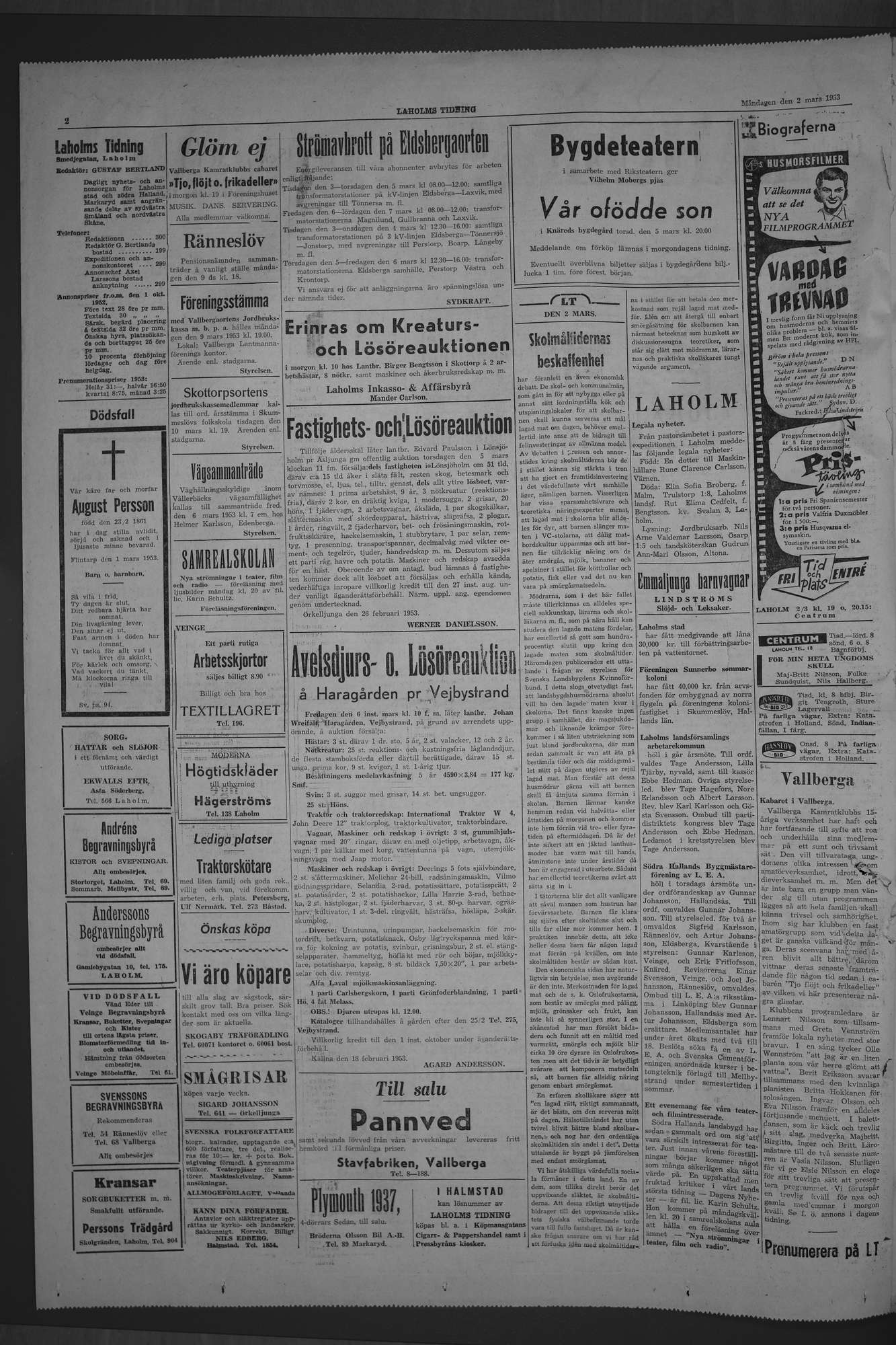Laholms Tidning Måndag 2 mars 1953, sida 2