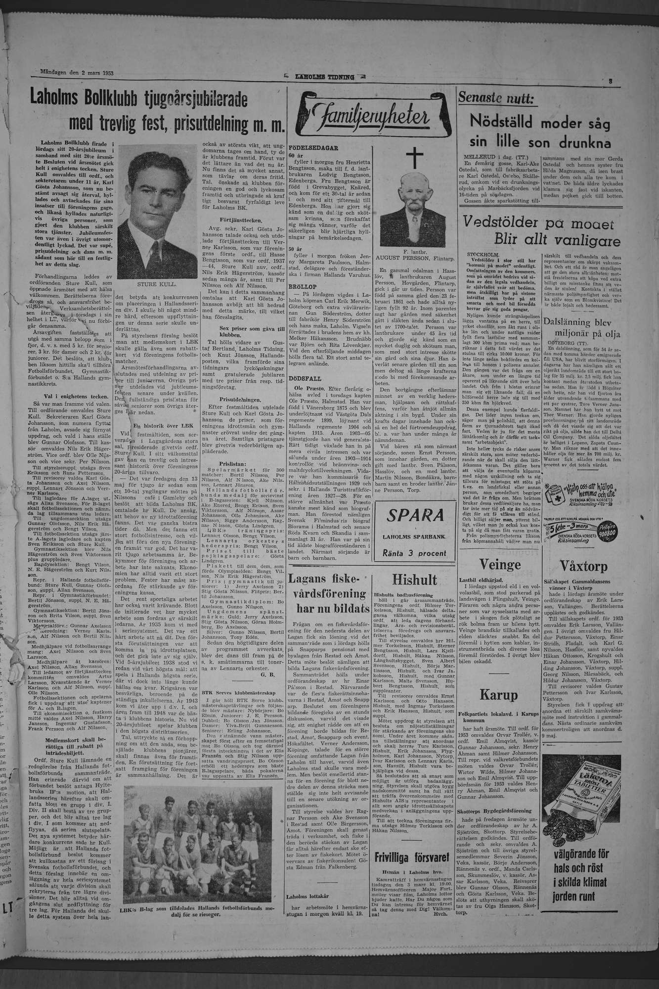 Laholms Tidning Måndag 2 mars 1953, sida 3