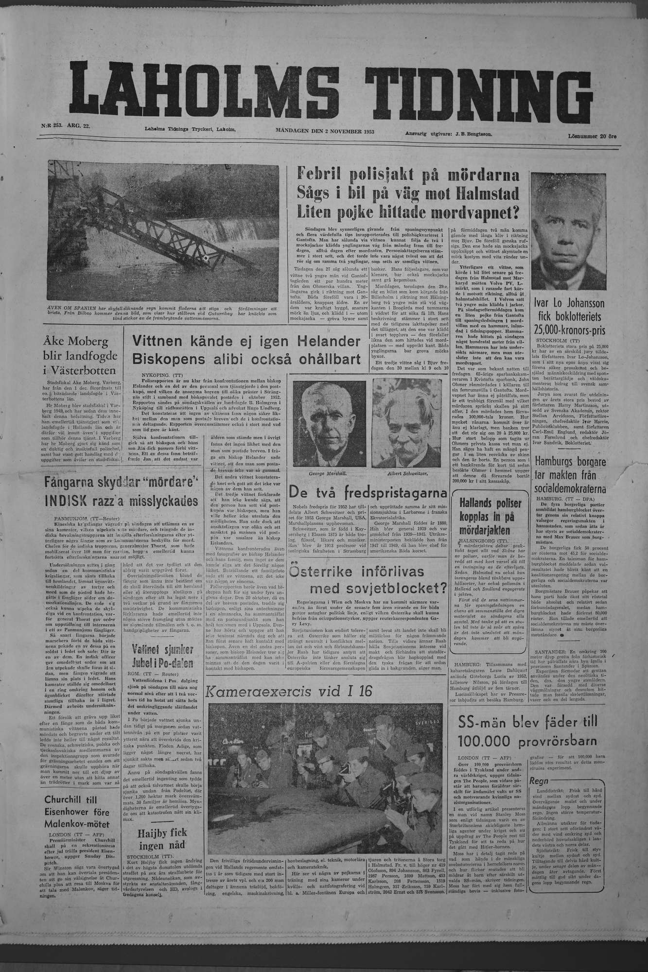 Laholms Tidning Måndag 2 november 1953, sida 1