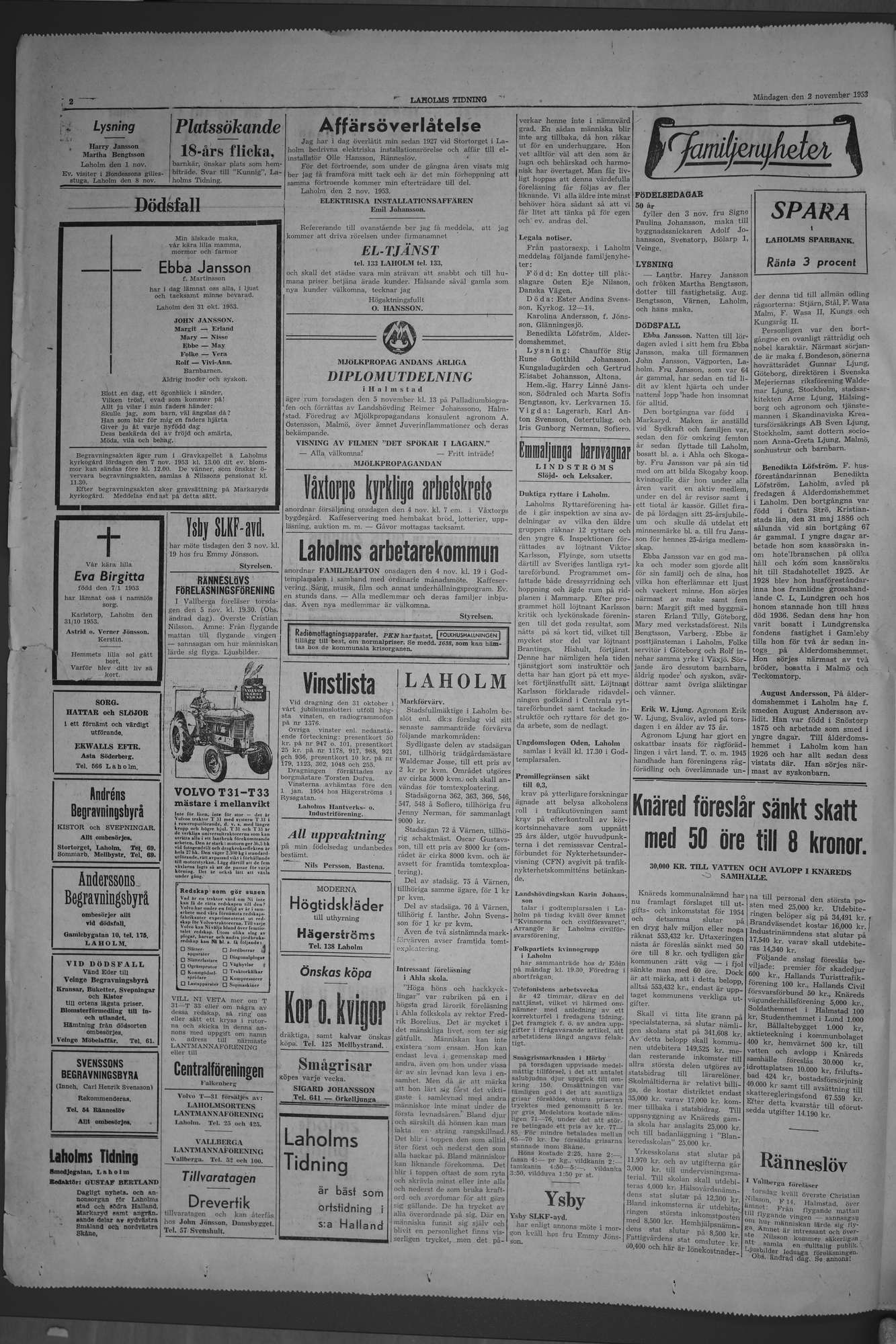 Laholms Tidning Måndag 2 november 1953, sida 2