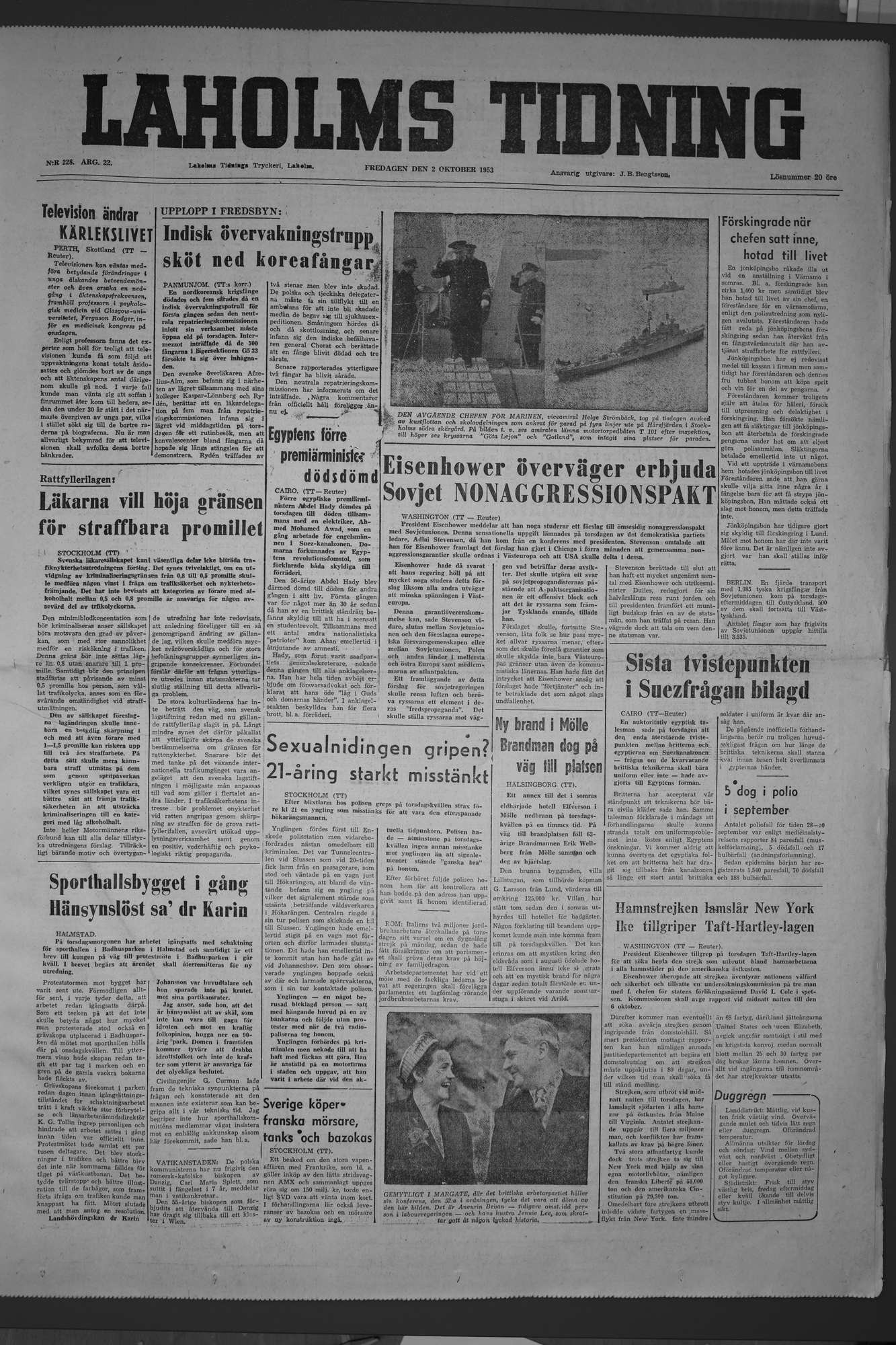 Laholms Tidning Fredag 2 oktober 1953, sida 1