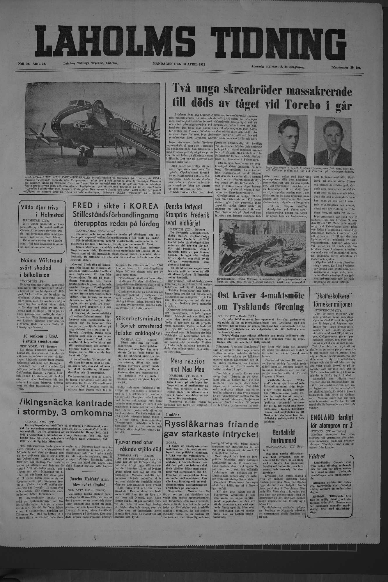 Laholms Tidning Måndag 20 april 1953, sida 1