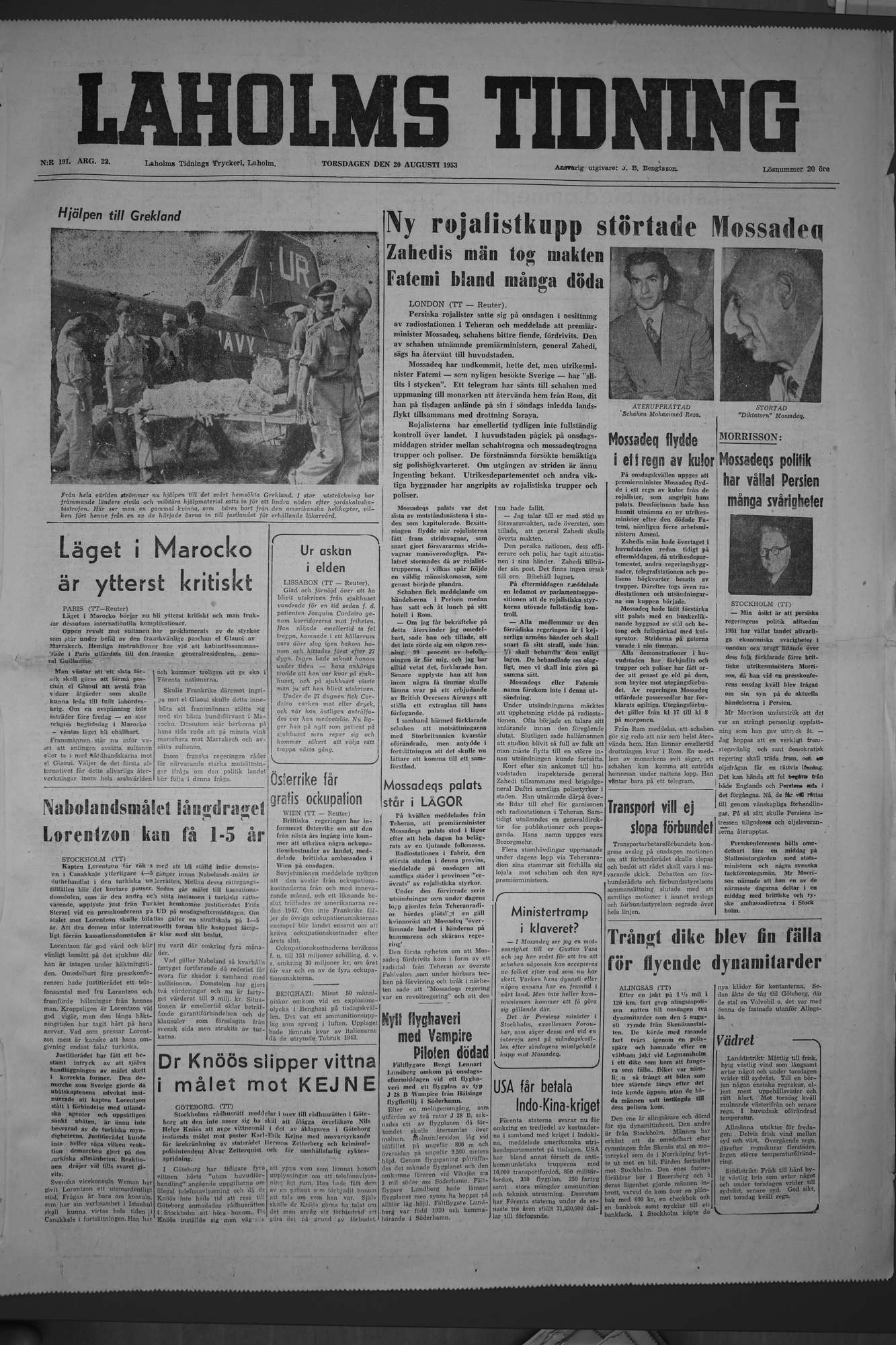 Laholms Tidning Torsdag 20 augusti 1953, sida 1