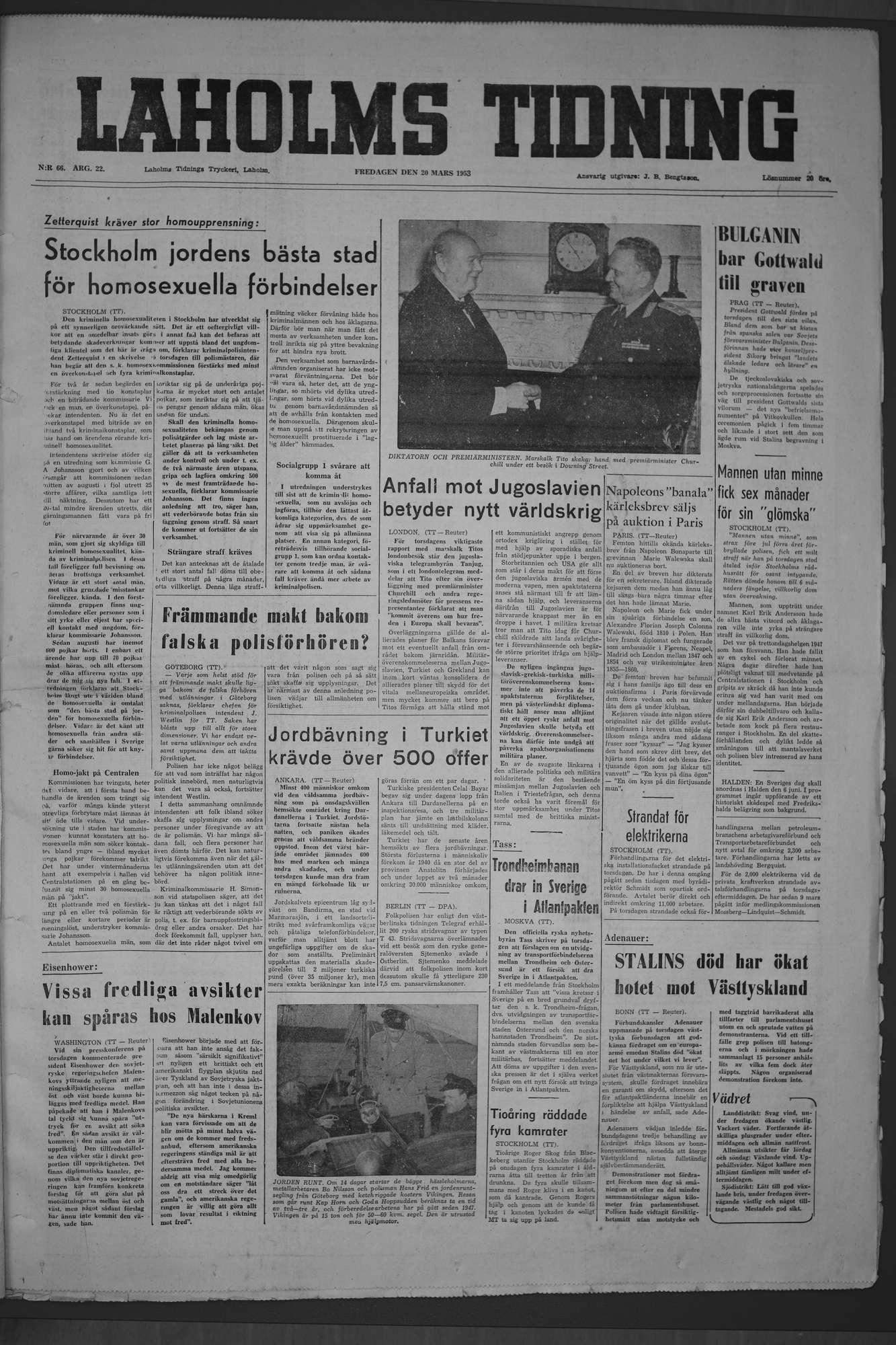 Laholms Tidning Fredag 20 mars 1953, sida 1