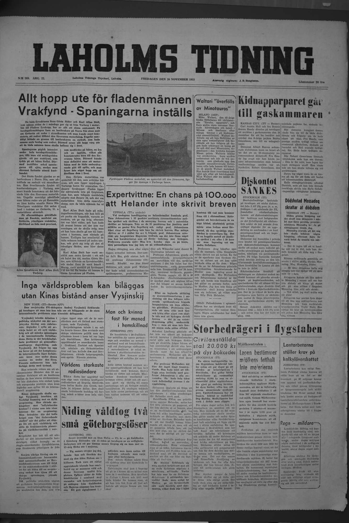 Laholms Tidning Fredag 20 november 1953, sida 1
