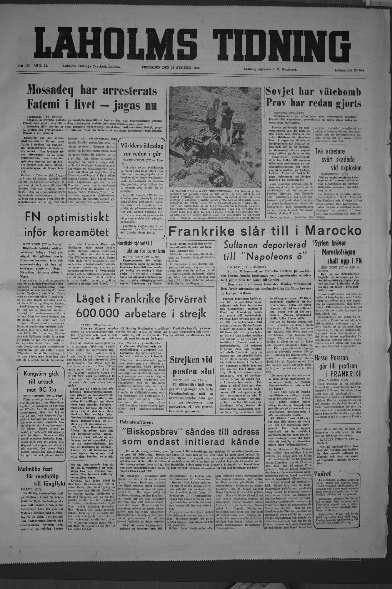 Laholms Tidning Fredag 21 augusti 1953, sida 1